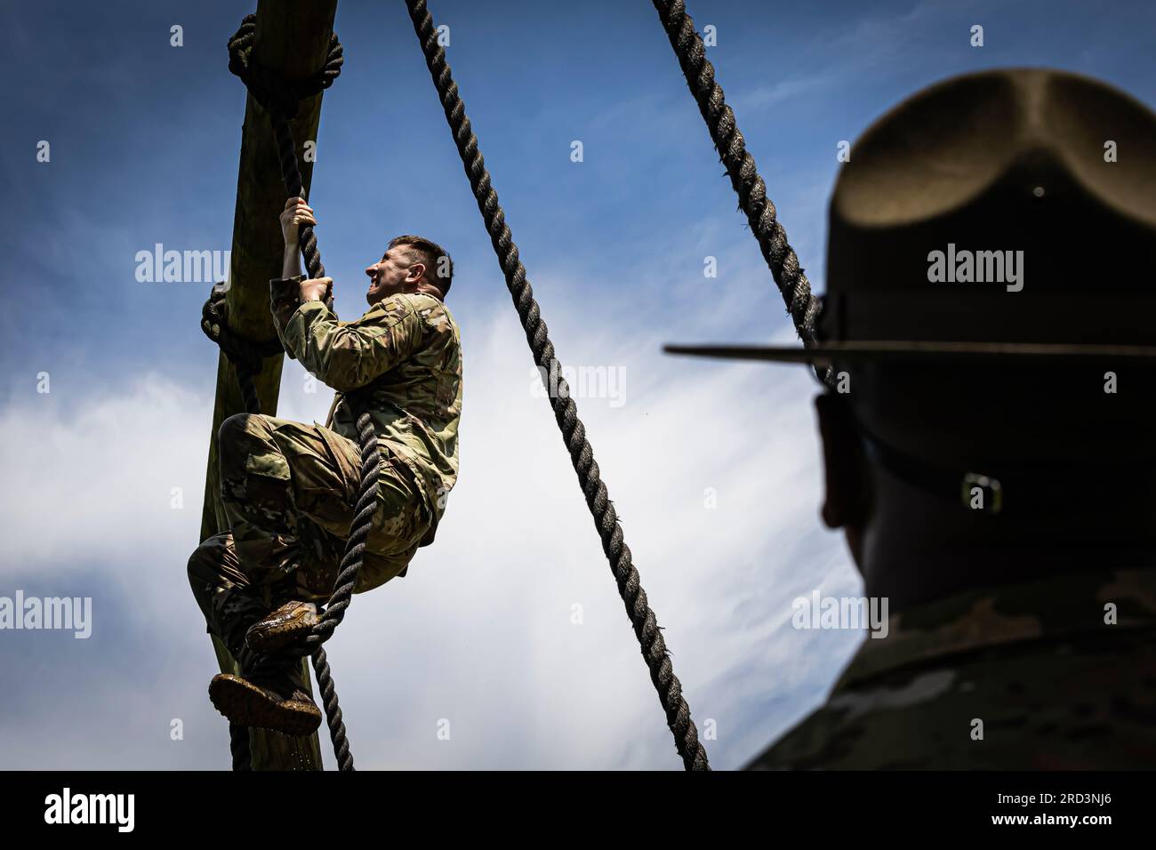 Le sergent William Baker de 1e classe, sergent d'exercice représentant l'Ordnance School, atteint le sommet d'une corde lors de l'épreuve de course d'obstacles dans le cadre de la compétition Combined Arms support Command Best Squad/Drill Sergent of the Year au campus de l'Ordnance, fort Gregg Adams, en Virginie Le Concours CASCOM BSC/DSOY renforce les compétences fondamentales des soldats tout en promouvant l'esprit de corps. Banque D'Images