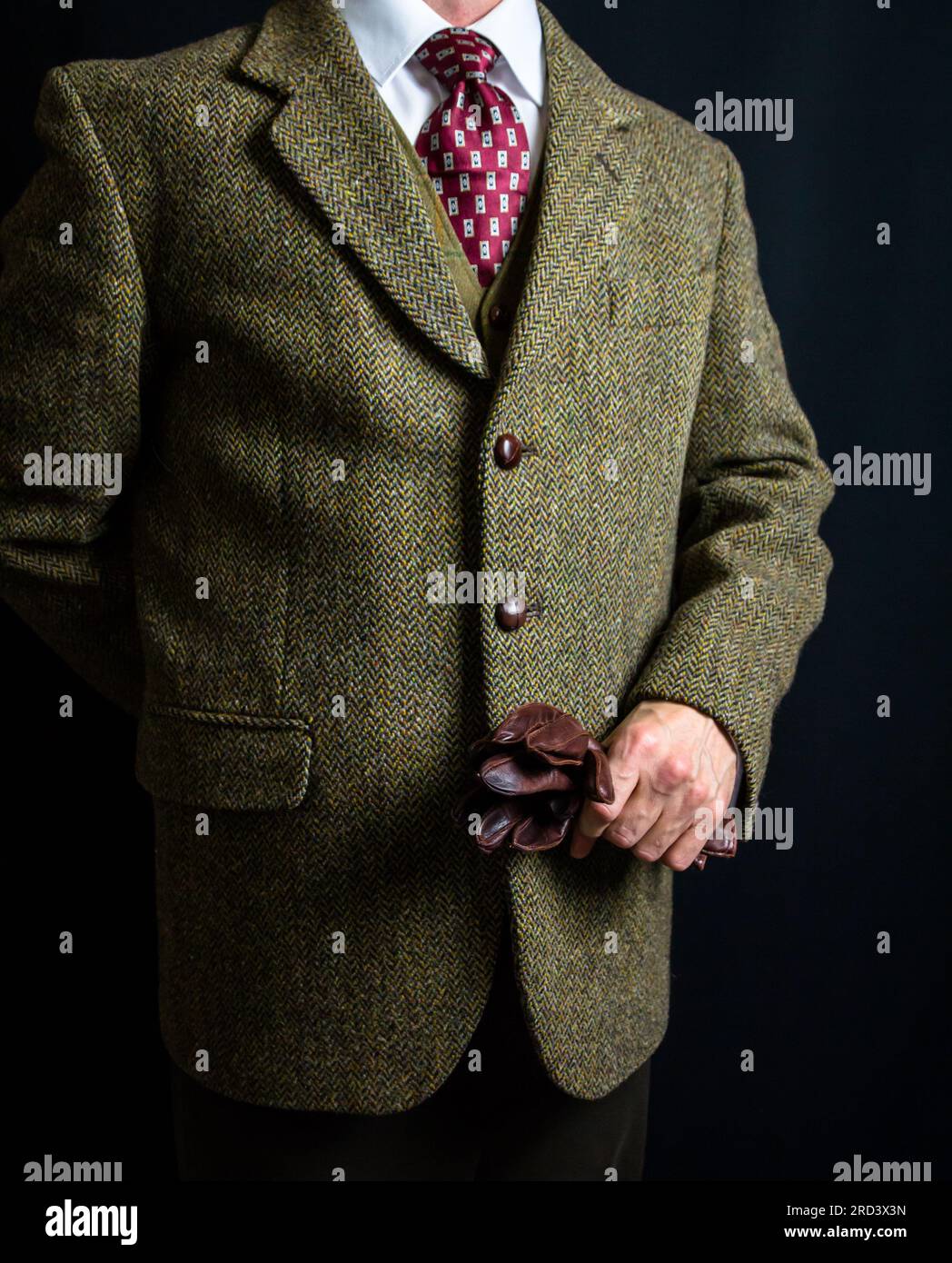 Portrait de Gentleman en tweed costume tenant des gants en cuir. Style vintage de gentleman anglais. Banque D'Images