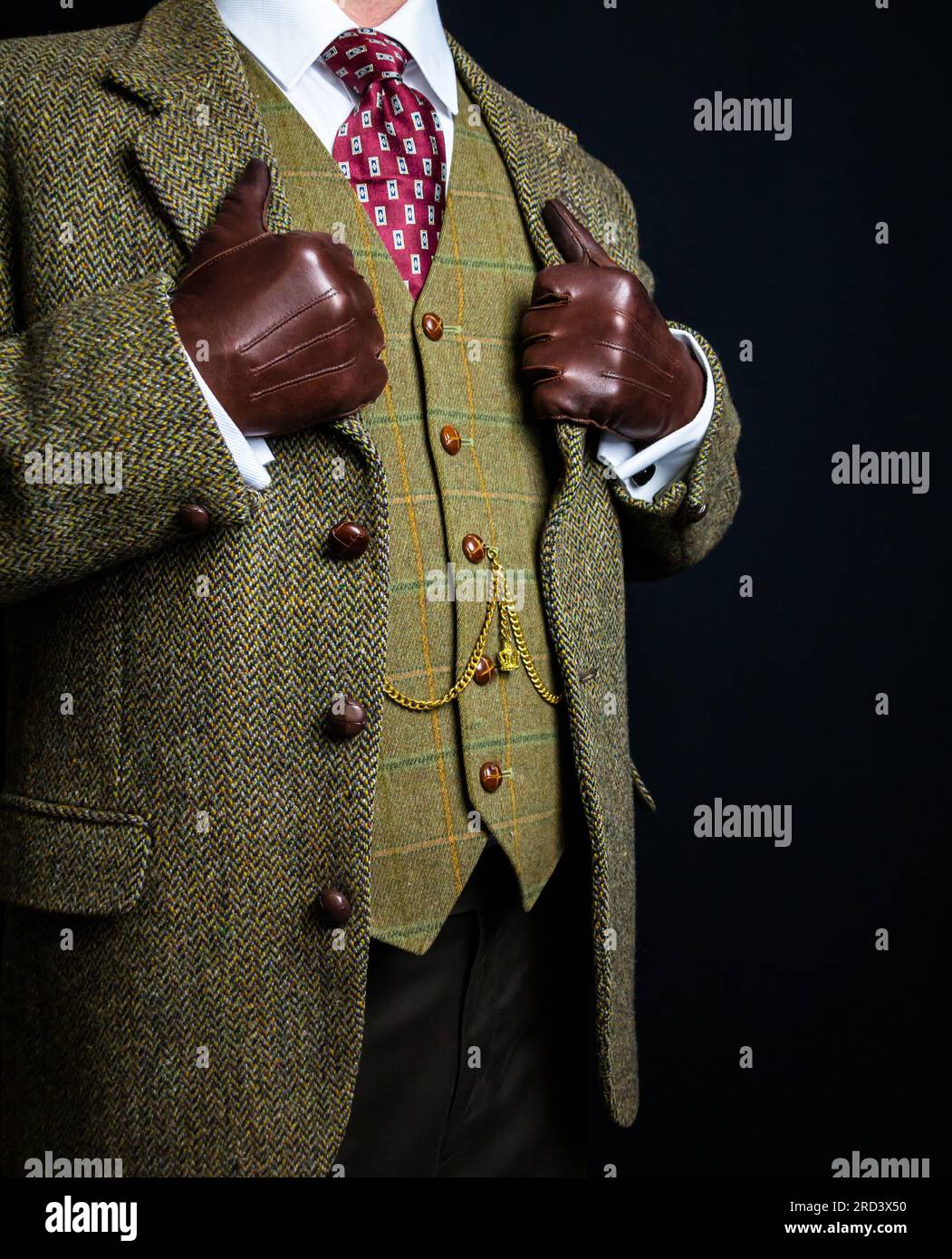 Portrait de Gentleman en tweed suit et gants en cuir debout élégamment. Style vintage et mode rétro de Gentleman anglais Banque D'Images