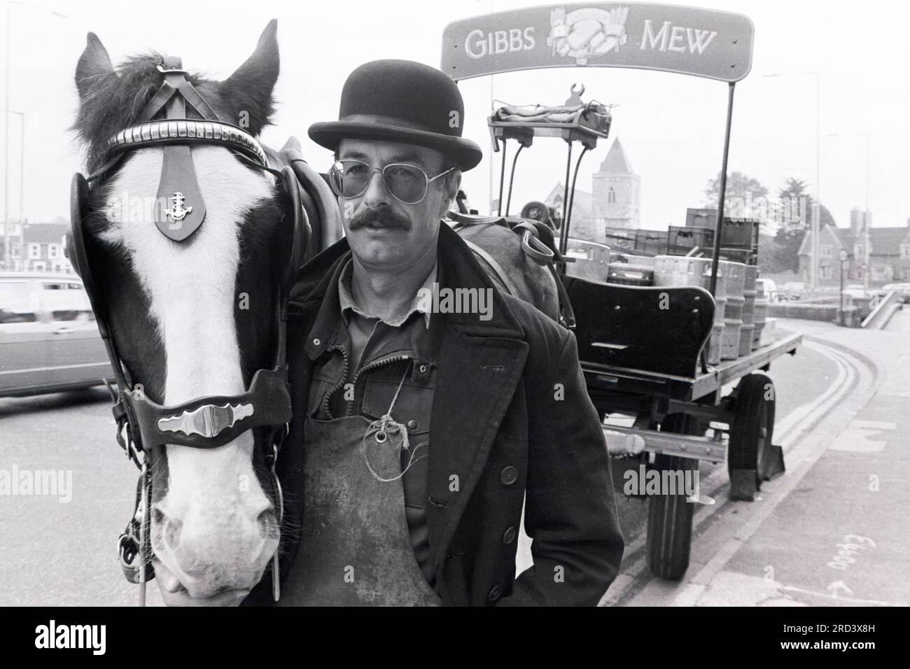 Warrior le cheval dray pour la brasserie de Salisbury Gibbs Mew fait une pause lors de sa tournée de livraison en 1990. Banque D'Images