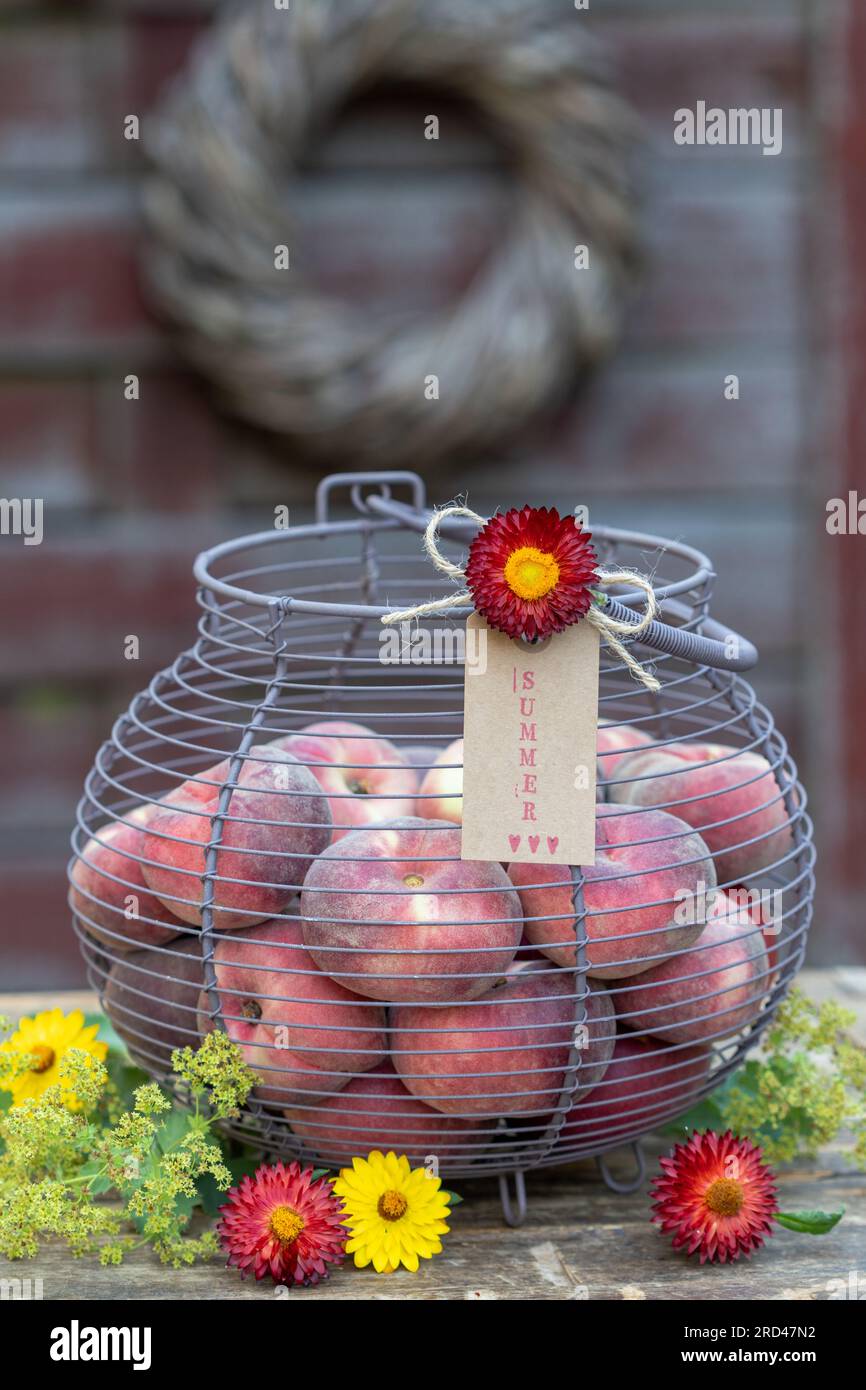 pêches de vigne dans le panier d'oeufs et fleurs de paille Banque D'Images