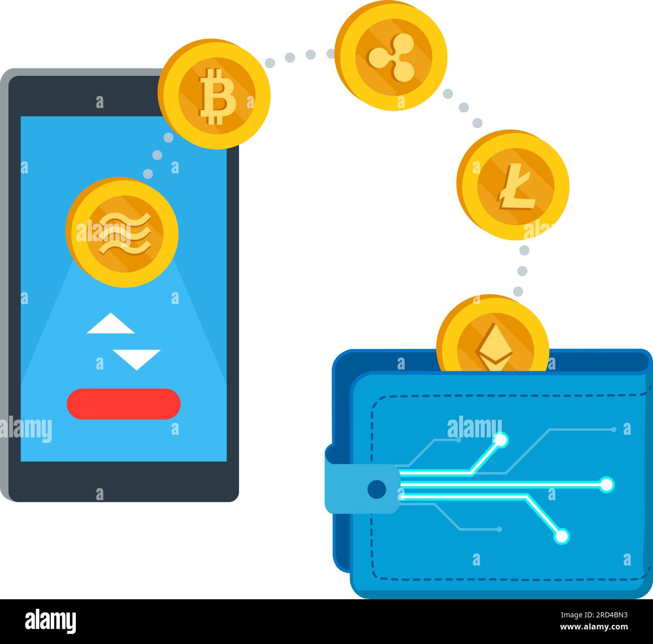 Crypto-monnaie, finance et investissements : application financière, portefeuille virtuel et devises numériques Illustration de Vecteur