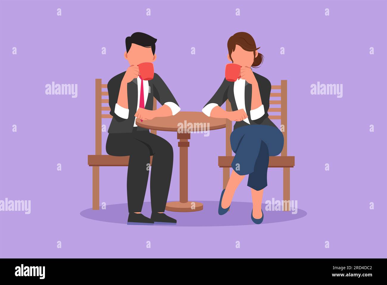 Graphisme dessin plat couple amoureux boit du café dans un café. Un homme et une femme sont assis à une table dans un restaurant confortable. Petit déjeuner matin Banque D'Images