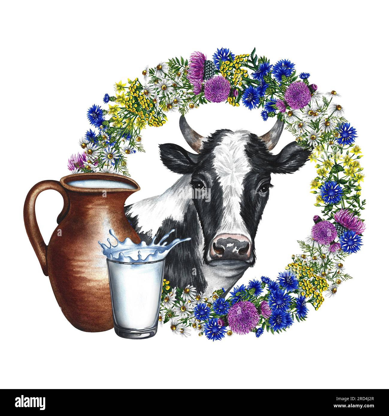 Portrait d'une vache et d'une couronne de fleurs sauvages. Pichet en céramique et verre de lait. Illustration à l'aquarelle dessinée à la main. Isoler. Pour la conception de la laiterie an Banque D'Images