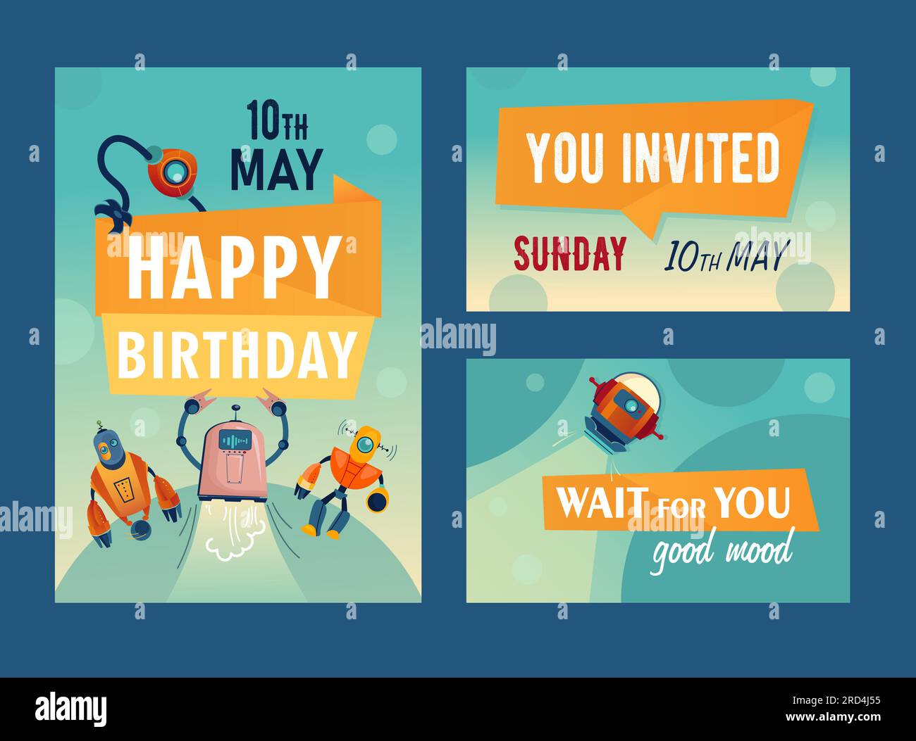 Cartes d'invitation définies avec des robots de dessin animé Illustration de Vecteur