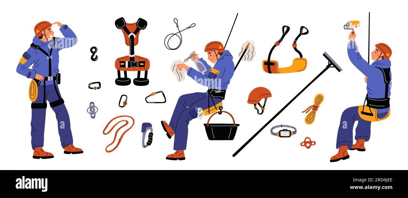 Eléments d'escalade industriels de dessins animés. Équipement de travail à haute altitude. Câble et treuil. Les gens en uniforme avec des casques. Peintre et nettoyeur de vitres Illustration de Vecteur