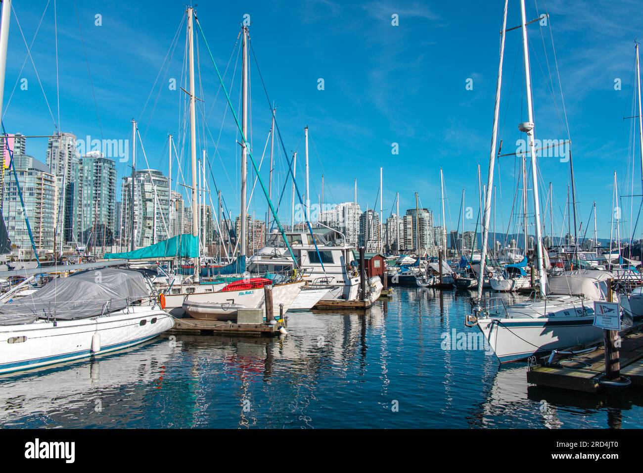 Marina près du parc Charleson et de Granville Island. Belle journée. Beaucoup de bateaux, ciel bleu, beaux reflets. Image montrant une bonne ambiance. Banque D'Images