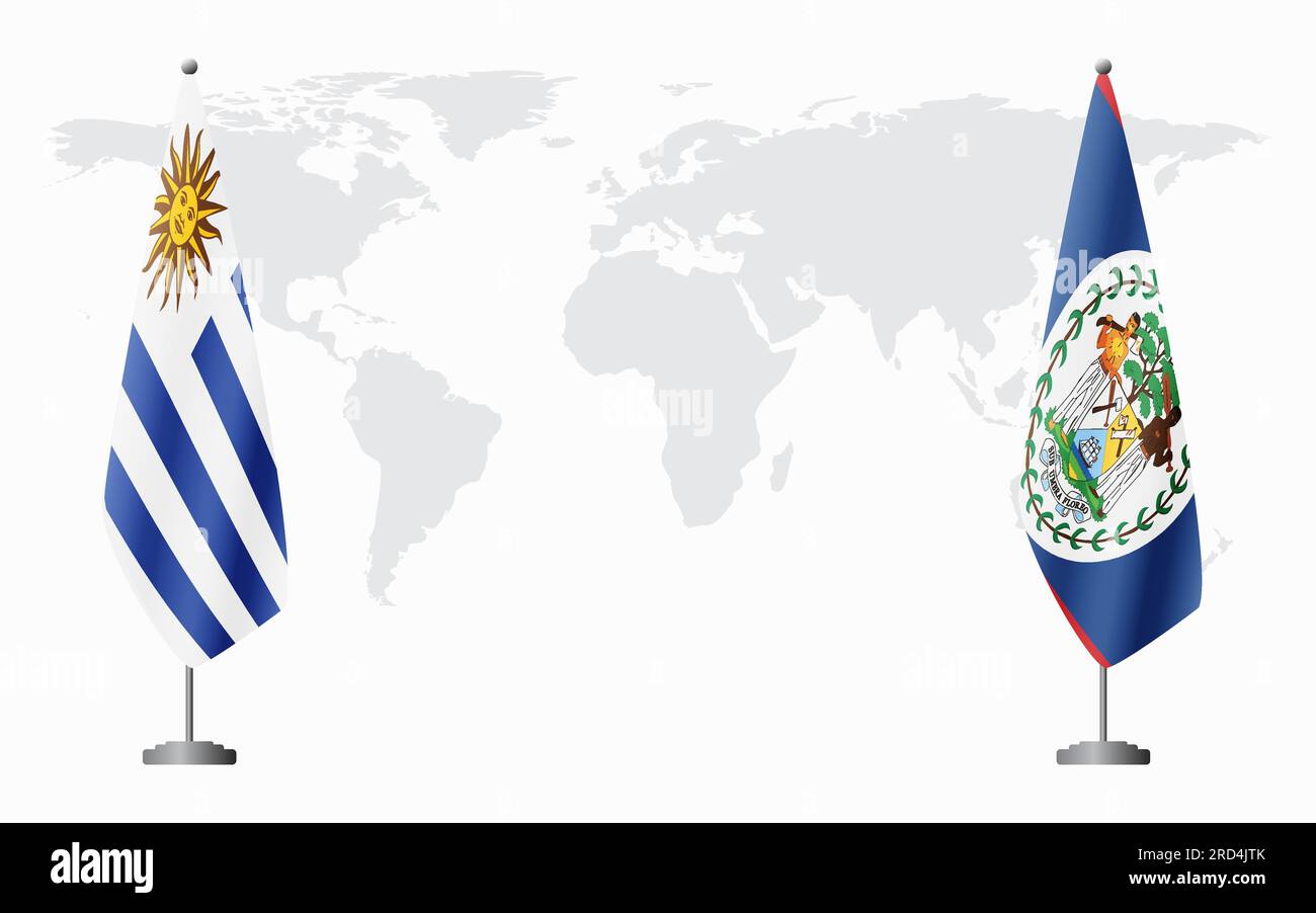 Drapeaux de l'Uruguay et du Belize pour la réunion officielle sur fond de carte du monde. Illustration de Vecteur