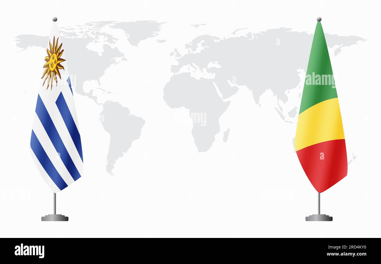 Drapeaux de l'Uruguay et du Congo Brazzaville pour la réunion officielle sur fond de carte du monde. Illustration de Vecteur