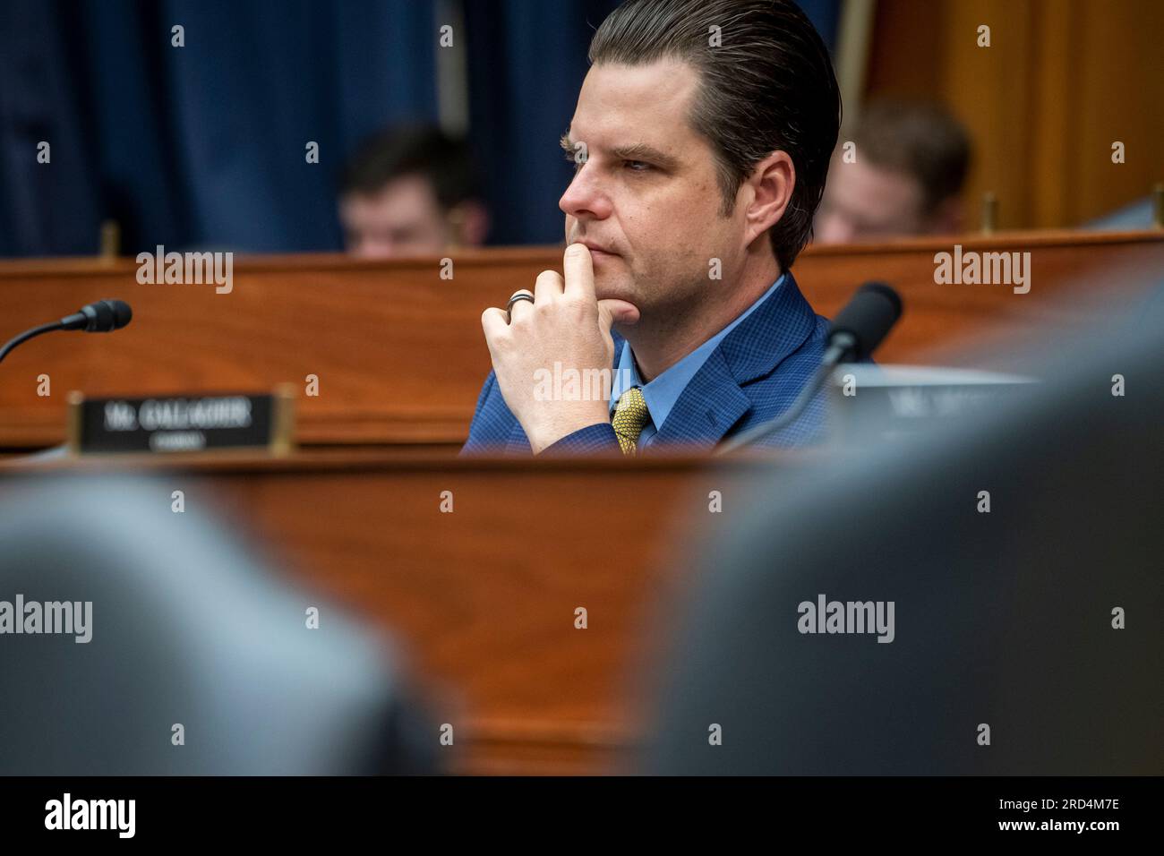 Washington, États-Unis d ' Amérique. 18 juillet 2023. Le représentant des États-Unis Matt Gaetz (républicain de Floride) assiste à une audience du Comité de la Chambre sur les services armés | sous-comité sur la cybercriminalité, les technologies de l’information et l’innovation « Homme et machine : intelligence artificielle sur le champ de bataille » dans le Rayburn House Office Building à Washington, DC, mardi 18 juillet 2023. Crédit : Rod Lamkey/CNP/Sipa USA crédit : SIPA USA/Alamy Live News Banque D'Images