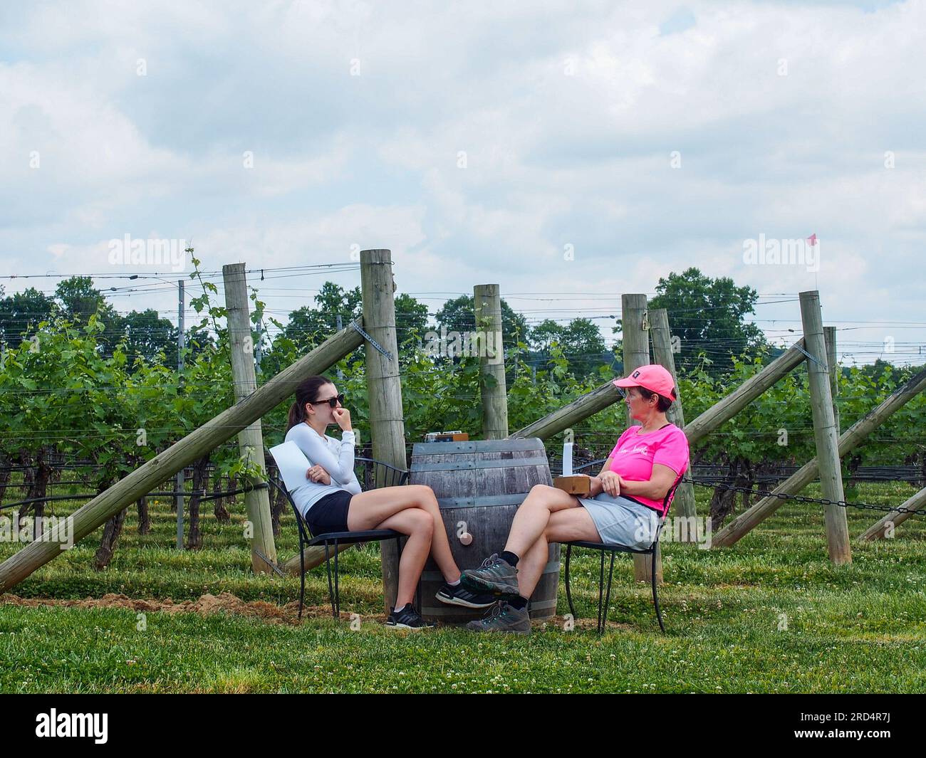 Femmes assises dans un vignoble appréciant le vin et la compagnie de l'autre, Frederick, Maryland, © Katharine Andriotis Banque D'Images