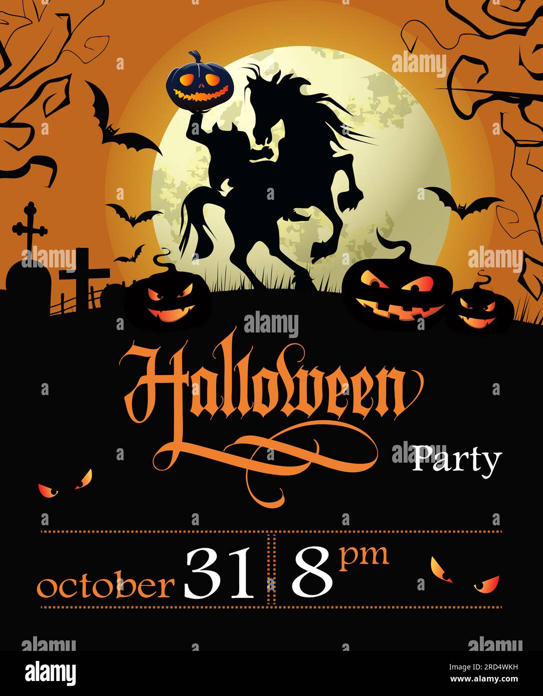 Lettrage de fête d'Halloween avec date, cavalier sans tête et lune Illustration de Vecteur