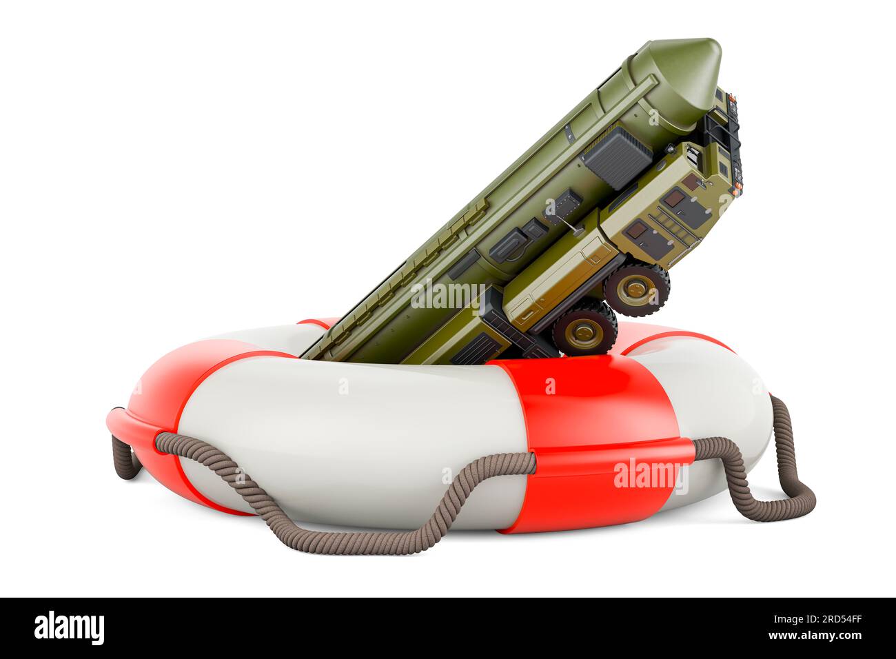 Missile Scud, système de missile balistique mobile à courte portée avec bouée de sauvetage. Rendu 3D isolé sur fond blanc Banque D'Images