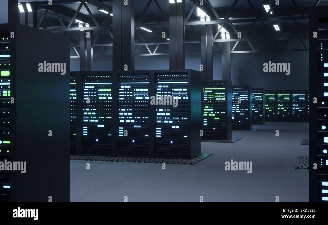 Ferme de minage de crypto-monnaies avec du matériel spécialisé utilisant la  technologie blockchain pour le minage de crypto-monnaies. ASIC rigs dans la  salle des serveurs résolvant des tâches de calcul complexes, animation