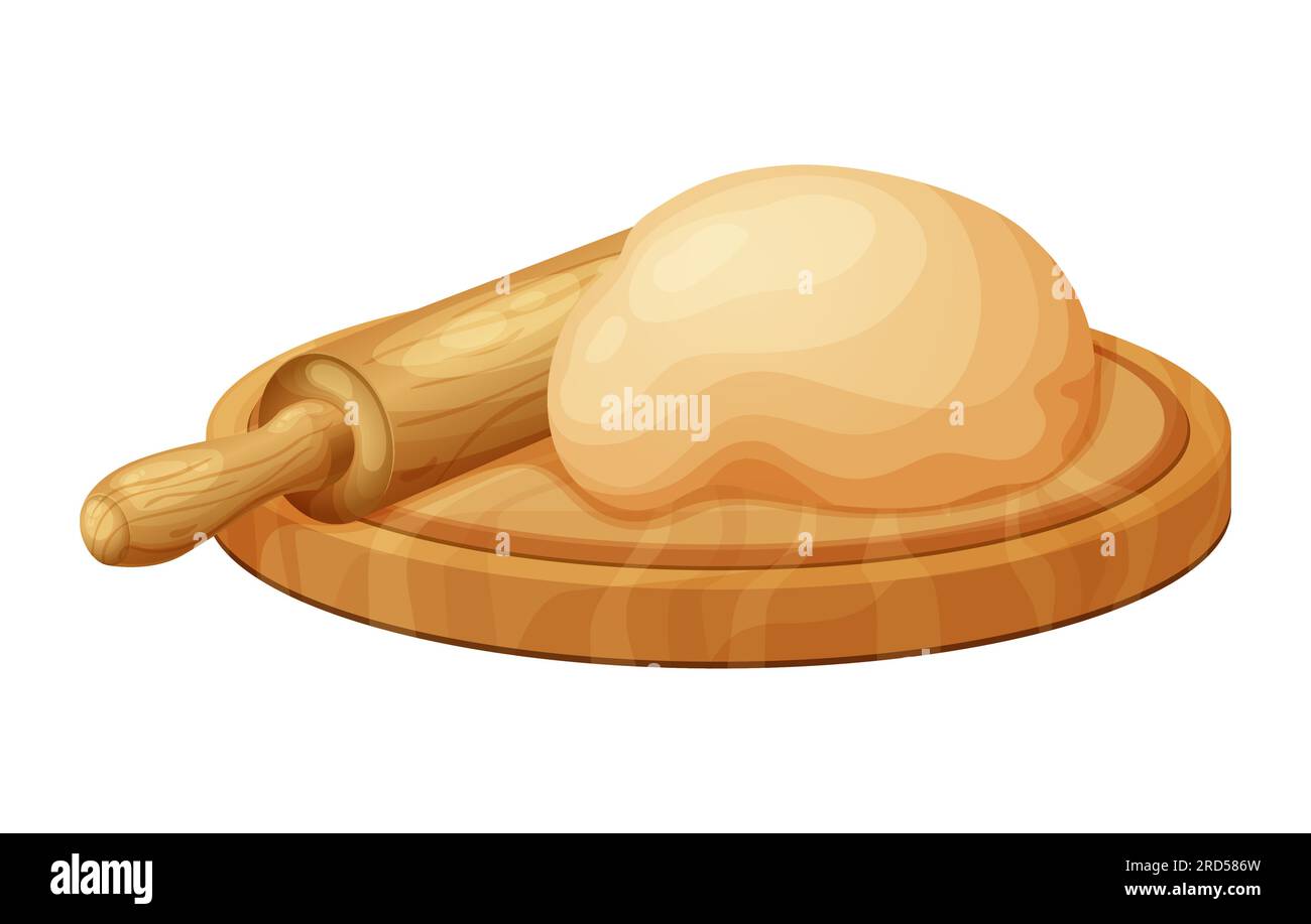 Pâte fraîche brute pour le bakind. Pain savoureux fait maison. Dessin animé d'une cuisine en bois avec broche à roulettes. Illustration vectorielle pour le menu, le café, le restaurant Illustration de Vecteur