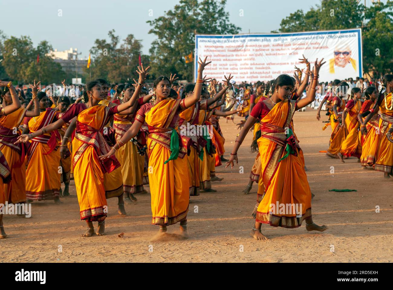 Filles exécutant des danses de groupe, célébration de Pongal à Madurai, Tamil Nadu, Inde du Sud, Inde, Asie Banque D'Images
