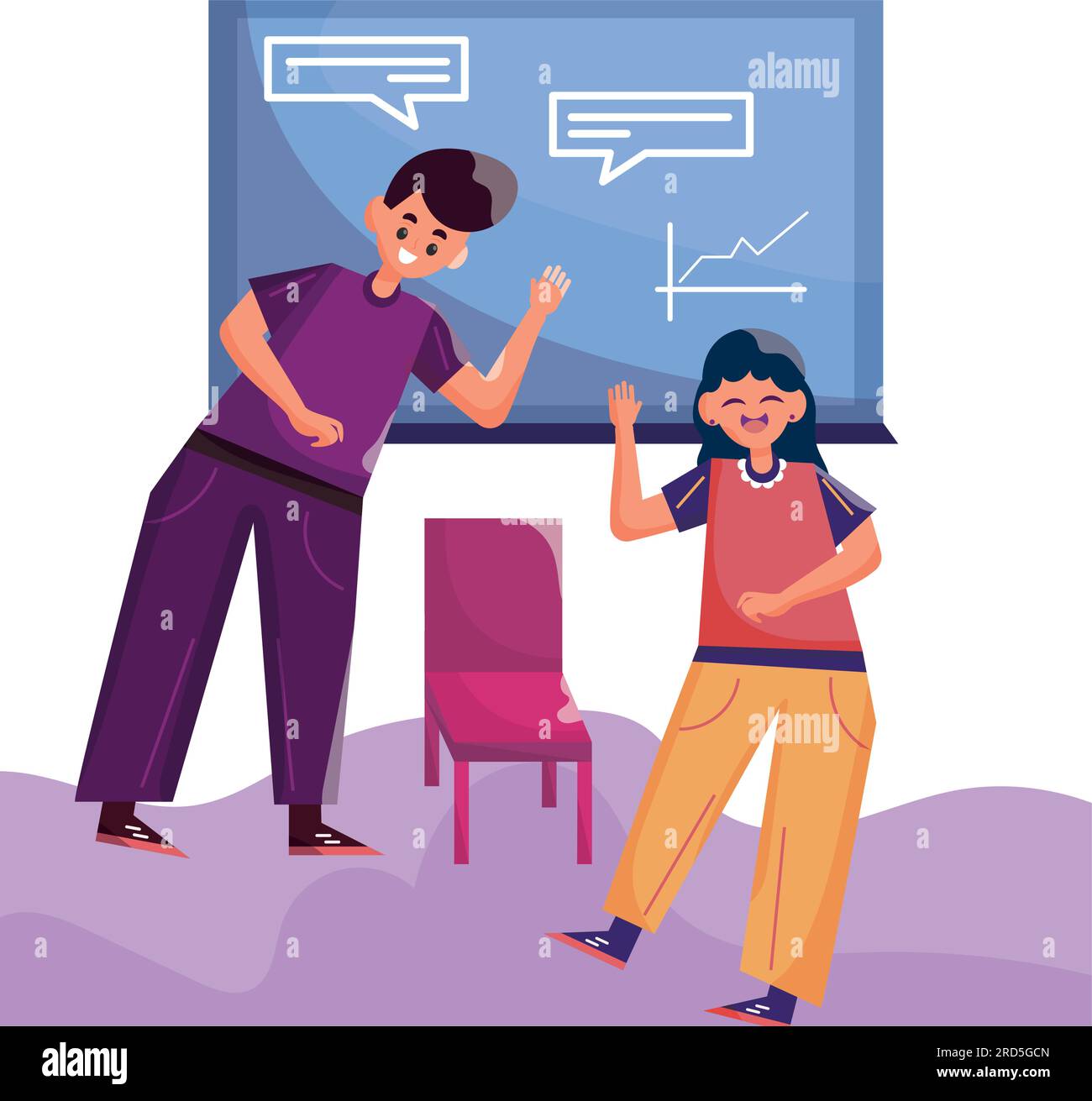 Concept d'environnement d'affaires avec paire de personnages travaillant sur le tableau de bord Vector Illustration de Vecteur