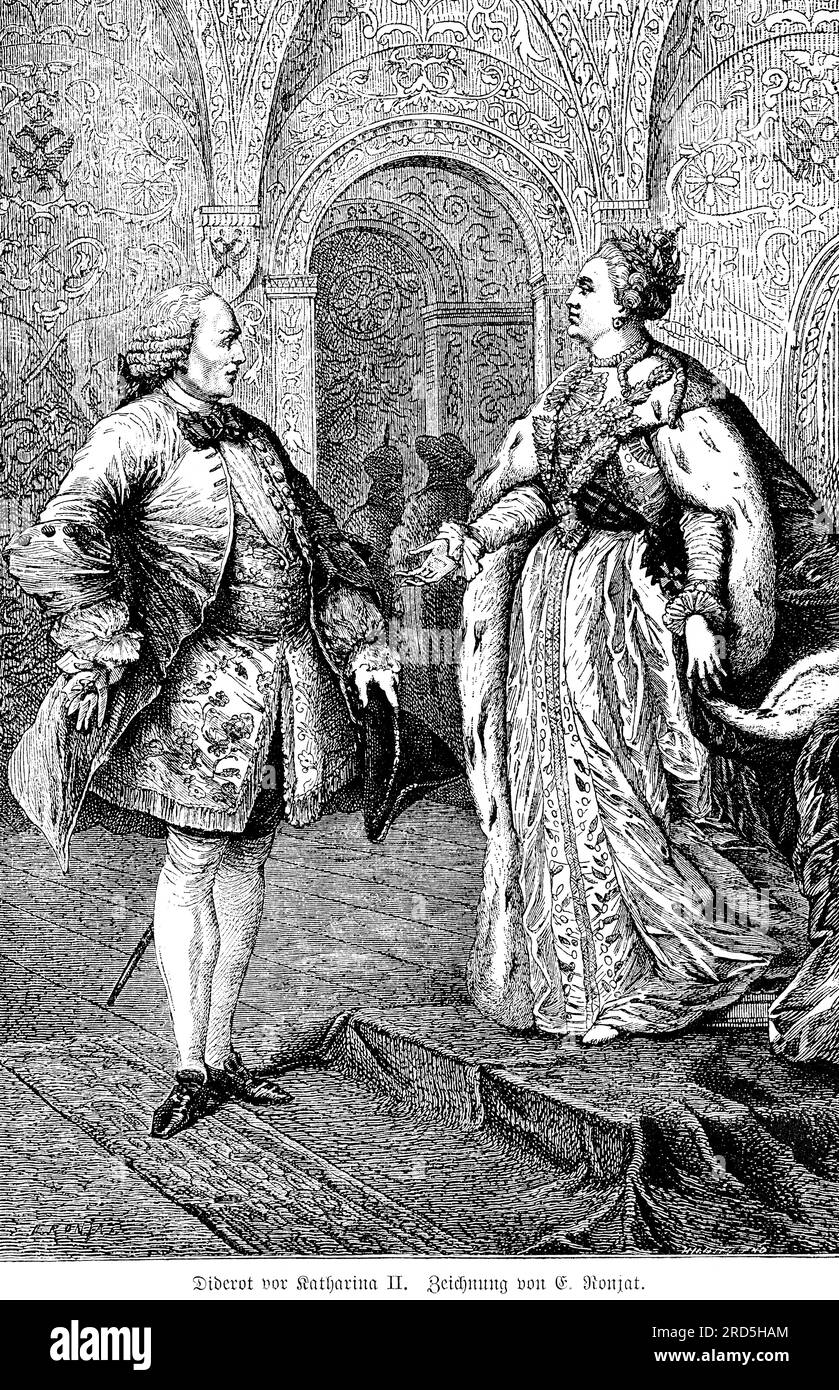 Tsarina Catherine la seconde avec Diderot, portrait, Russie, palais, salle, robe de fête, conversation, 18e siècle, histoire, historique Banque D'Images