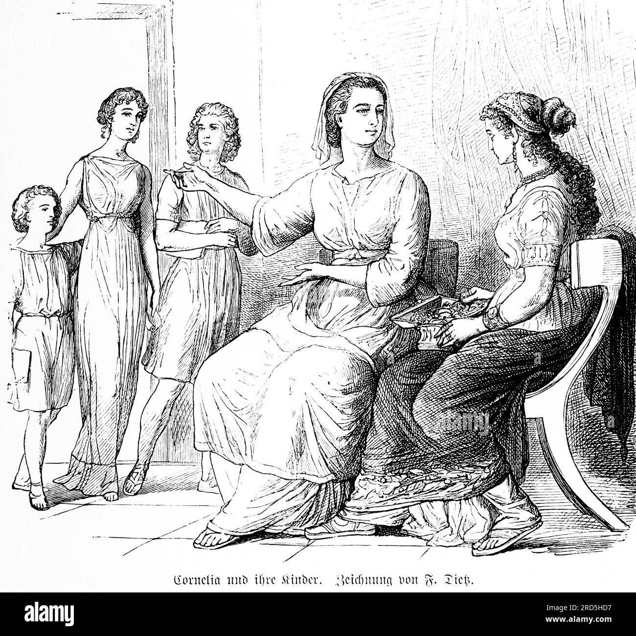 Roman Cornelia et ses enfants, Rome antique, portrait, éducation hellinistique, enfants, veuve, fille, deux fils, femme importante, chaises Banque D'Images