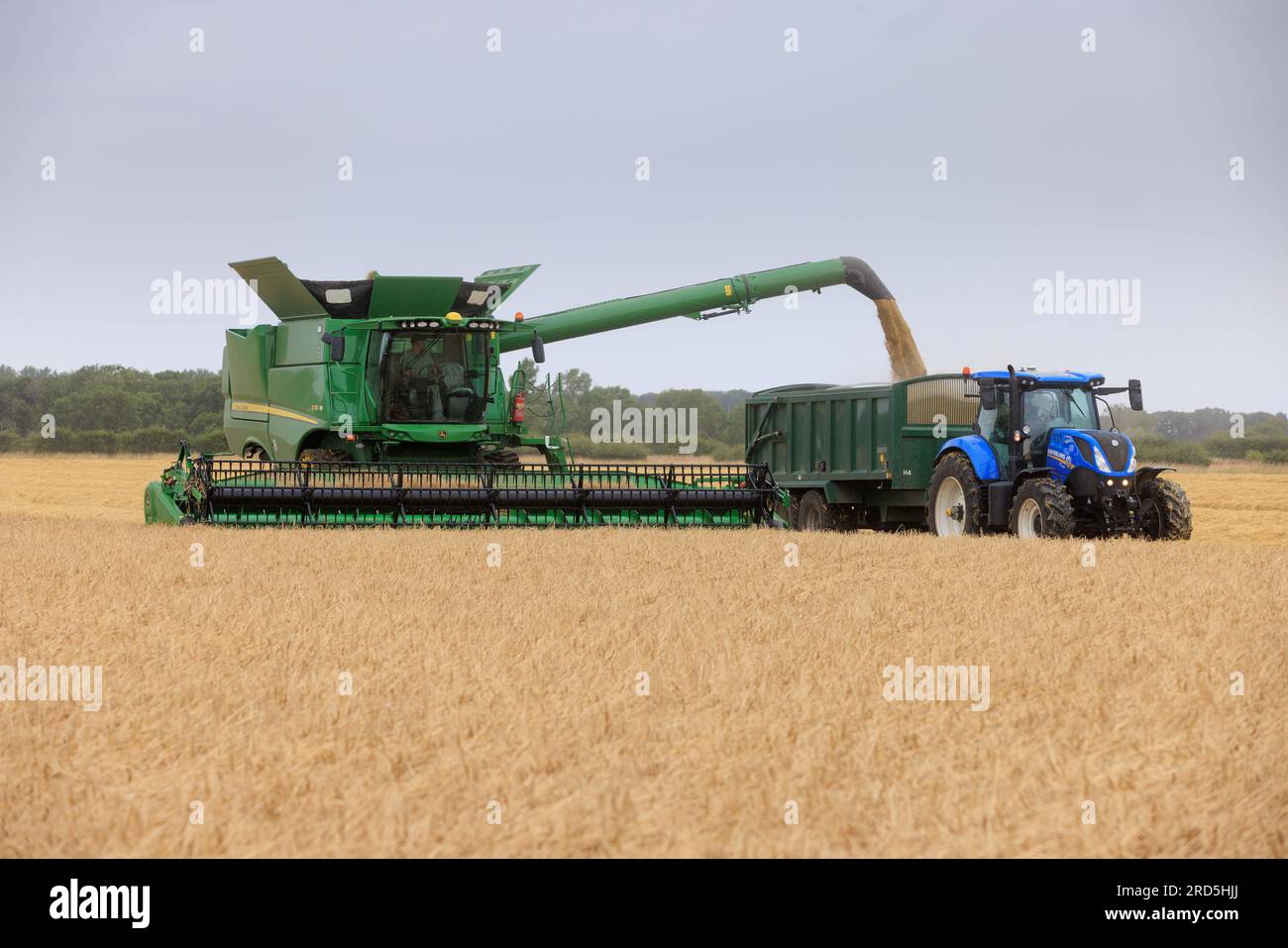 Barholm, Lincolnshire, Royaume-Uni. 18 juillet 2023 esquiver les tempêtes de pluie Henry Hirst Farms récolte l'orge d'hiver LG Mountain à 17% d'humidité près de Barholm, Lincolnshire, de fortes pluies ont continué à entraver la récolte dans les East Midlands Credit : Tim Scrivener/Alamy Live News Banque D'Images