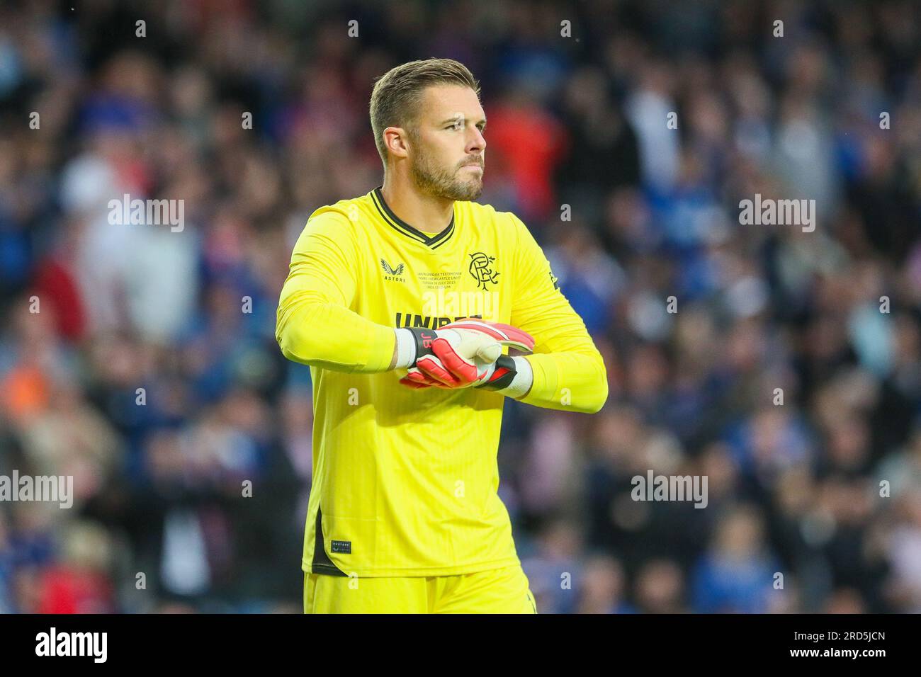 Glasgow, Royaume-Uni. 18 mai 2023. Un match de témoignage entre les Rangers et Newcastle United, a eu lieu à Ibrox Park, Glasgow, Royaume-Uni, la maison des Rangers FC, pour Allan McGregor, (surnommé Greegsy) le gardien de but des Rangers qui prend sa retraite. Allan McGregor a fait ses débuts en équipe première en février 2002 et a joué 500 matchs pour les Rangers. Il a fait partie de 6 titres de ligue, 5 équipes gagnantes de coupe de ligue et a également joué un rôle clé dans l'obtention des finales de coupe de l'UEFA et de l'Europa League en 2008 et 2022. Crédit : Findlay/Alamy Live News Banque D'Images