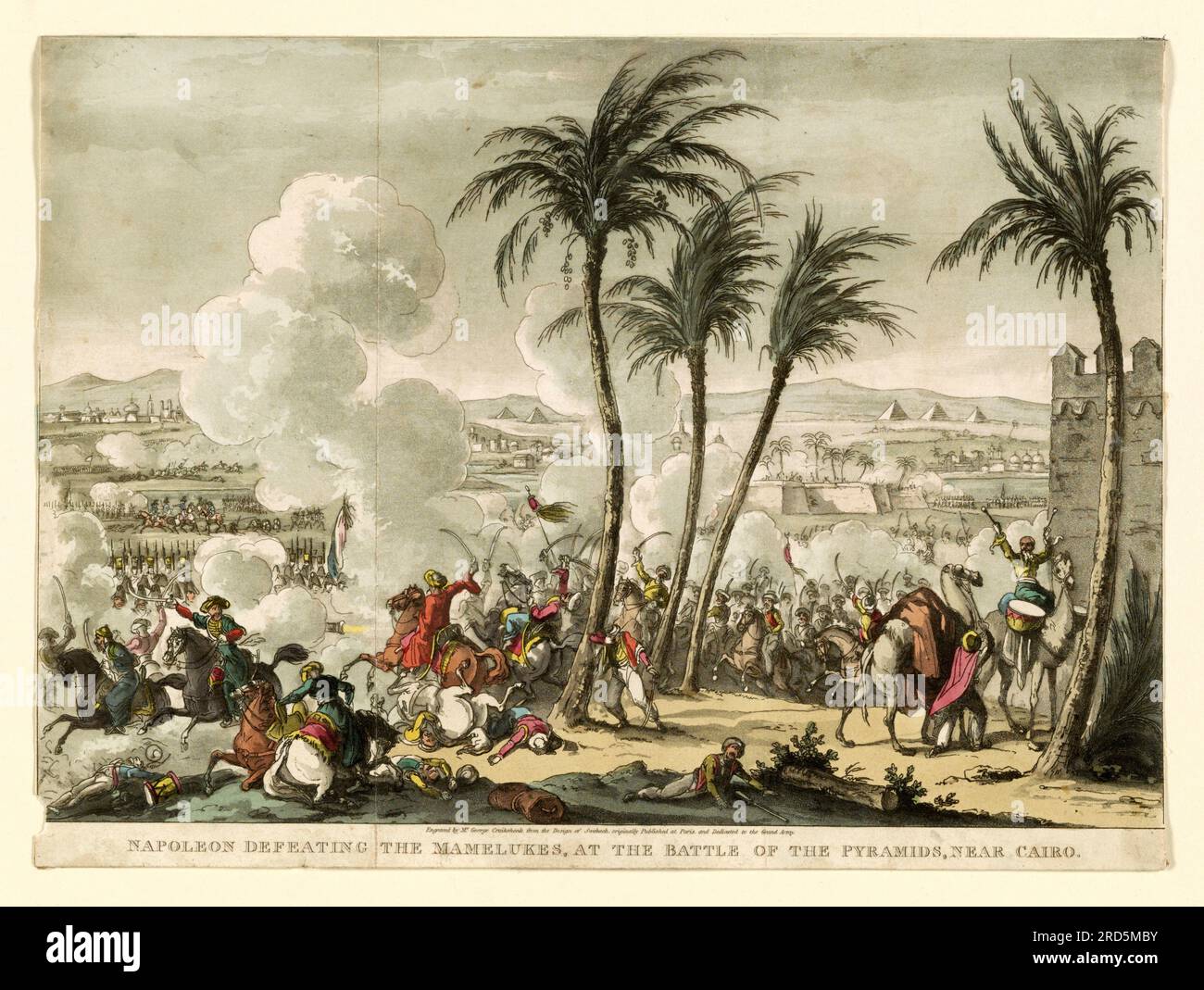 Napoléon Bonaparte vainquant les Mamelouks, à la bataille des pyramides, près du Caire / gravé par M. George Cruikshank d'après le dessin de Swebach, publié à l'origine à Paris, et dédié à la Grande Armée. Résumé/médium : 1 tirages : gravure et aquatinte, coloriés à la main ; 20,4 x 27,6 cm (feuille) Date 1823 Banque D'Images