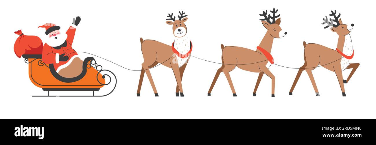 Le Père Noël à bord d'un traîneau avec des rennes de Noël Illustration de Vecteur
