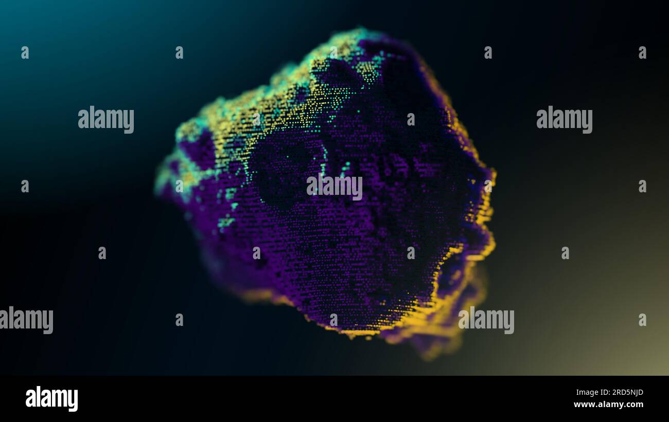 Pierre violette réaliste avec des cratères, semblable à une météorite, composée de points de balayage. Eclairage avec deux sources de rétro-éclairage. Arrière-plan sombre. Illustration de Vecteur