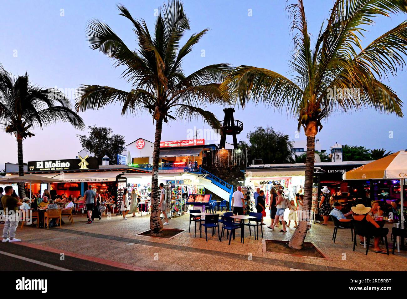 Lanzarote Îles Canaries Arrecife Matagorda la nuit illuminé cafés et palmiers avec ciel bleu du soir Banque D'Images