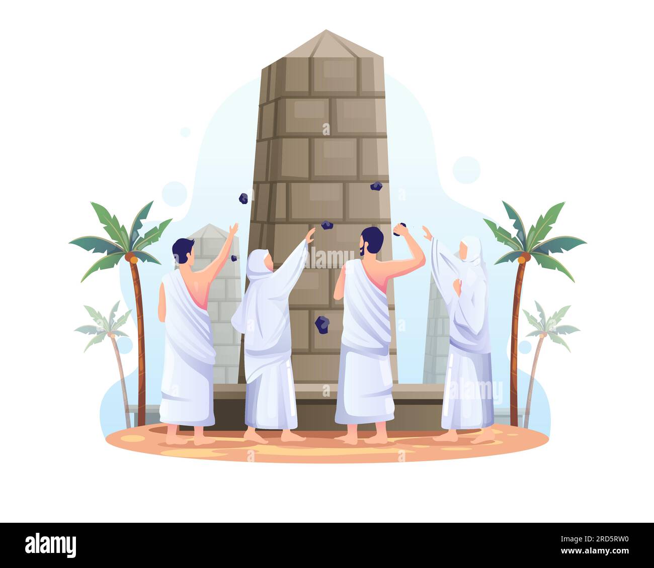 Les musulmans jettent des pierres sur le pilier du diable dans le pèlerinage islamique du hadj. Illustration vectorielle plate Illustration de Vecteur