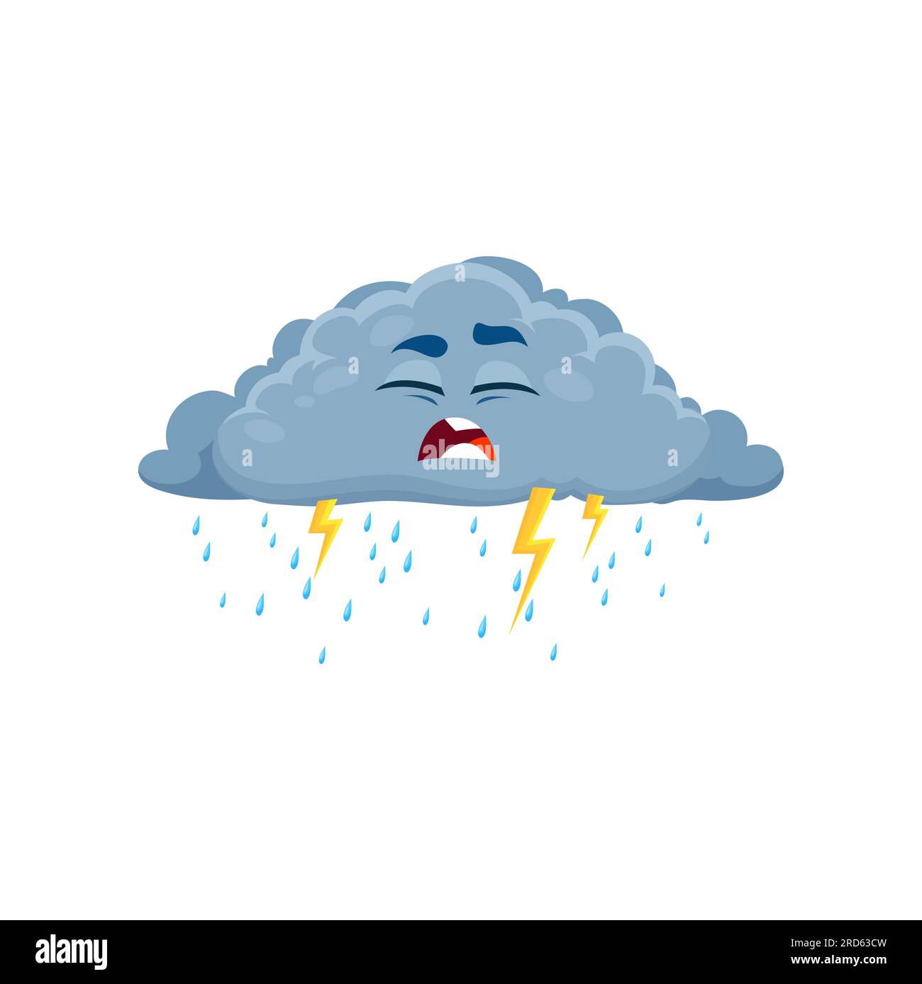 Dessin animé malheureux personnage de temps de nuage de foudre. Vecteur isolé nuage gris moelleux pluvieux avec des gouttelettes de pluie tombant du fond et des éclairs de tonnerre. Personnage couvert avec une expression de visage triste Illustration de Vecteur