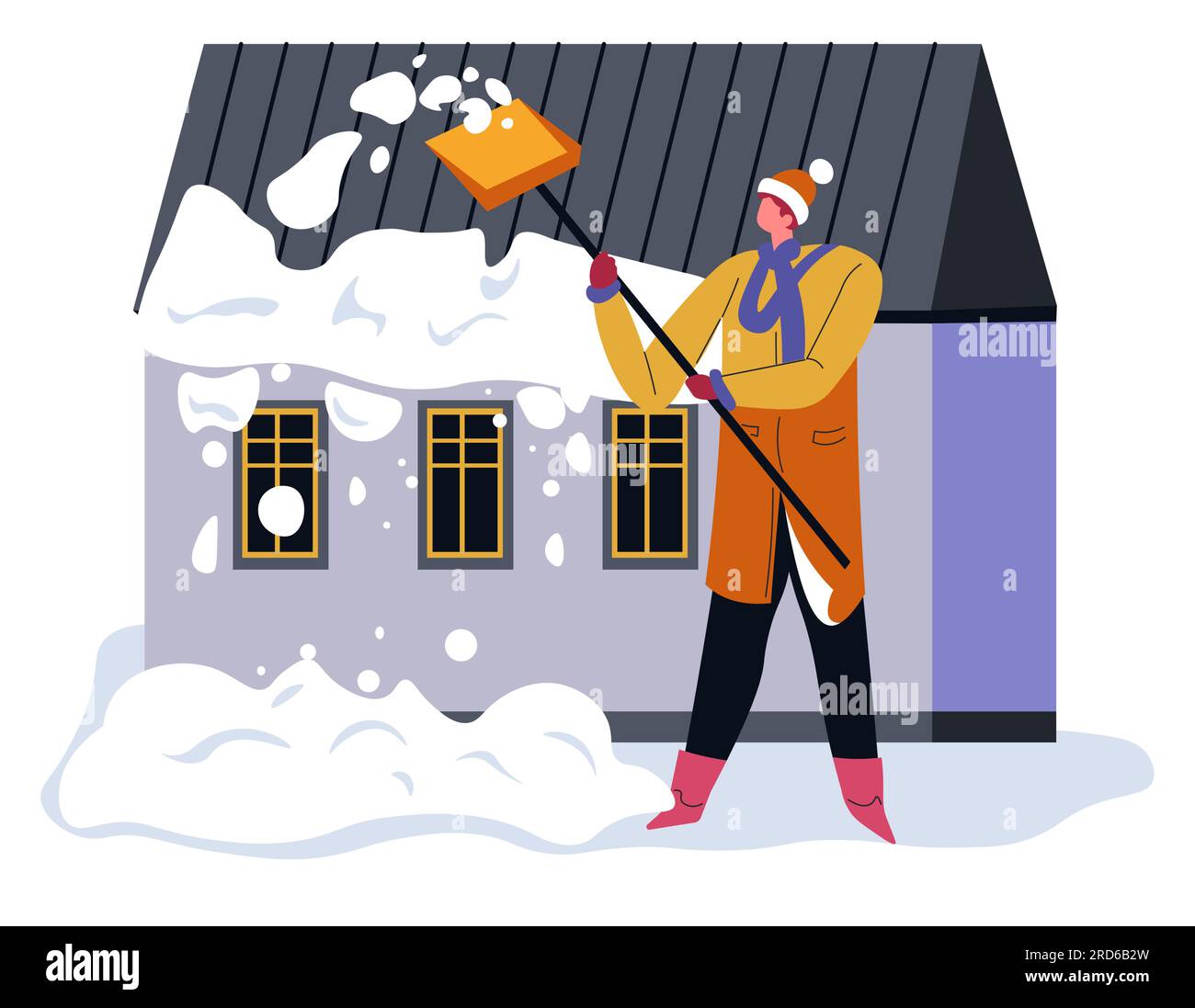 Homme nettoyant la neige à la maison, hiver à l'extérieur Illustration de Vecteur