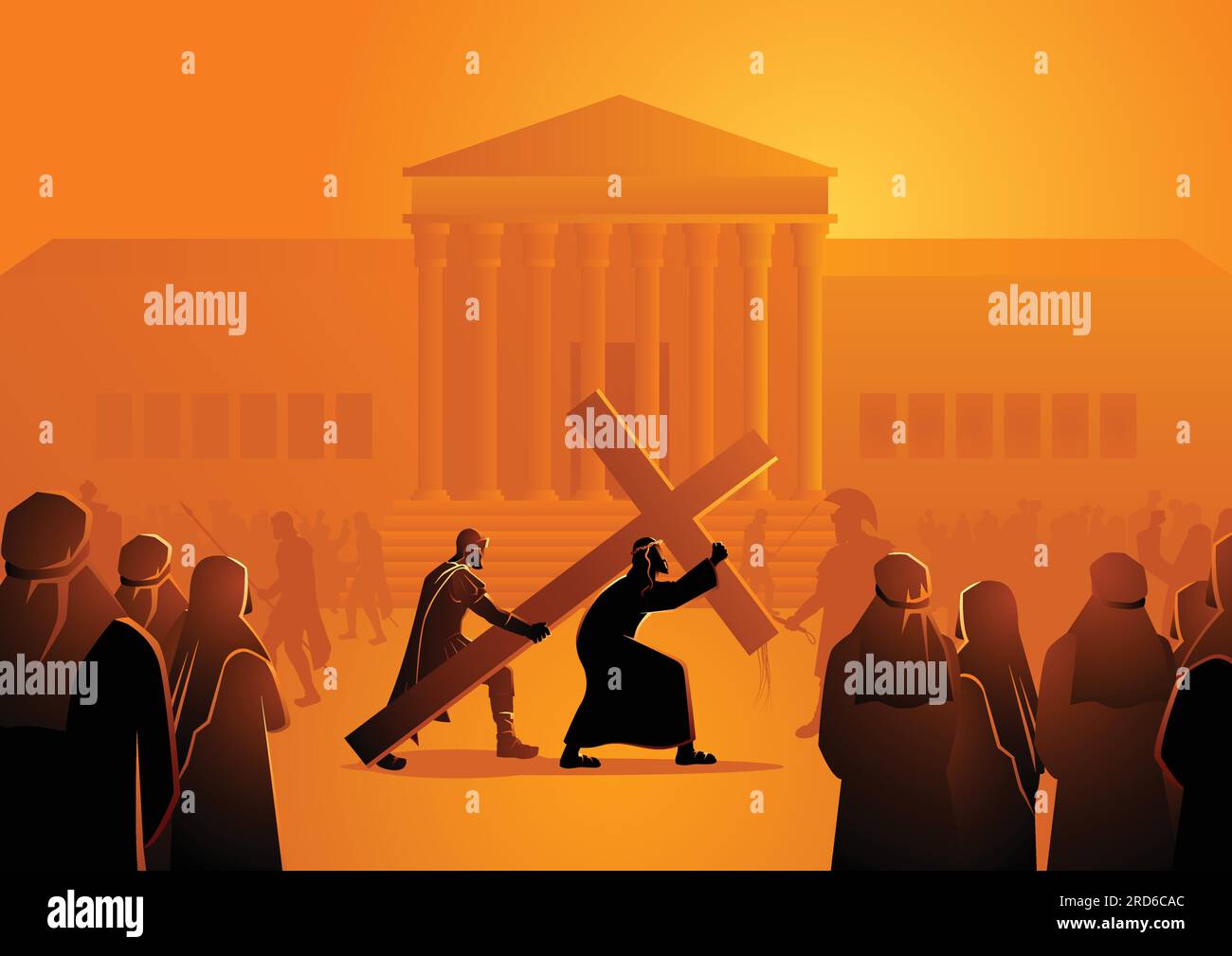 Illustration vectorielle biblique du chemin de la Croix ou des stations de la Croix, deuxième station, Jésus accepte sa croix. Illustration de Vecteur