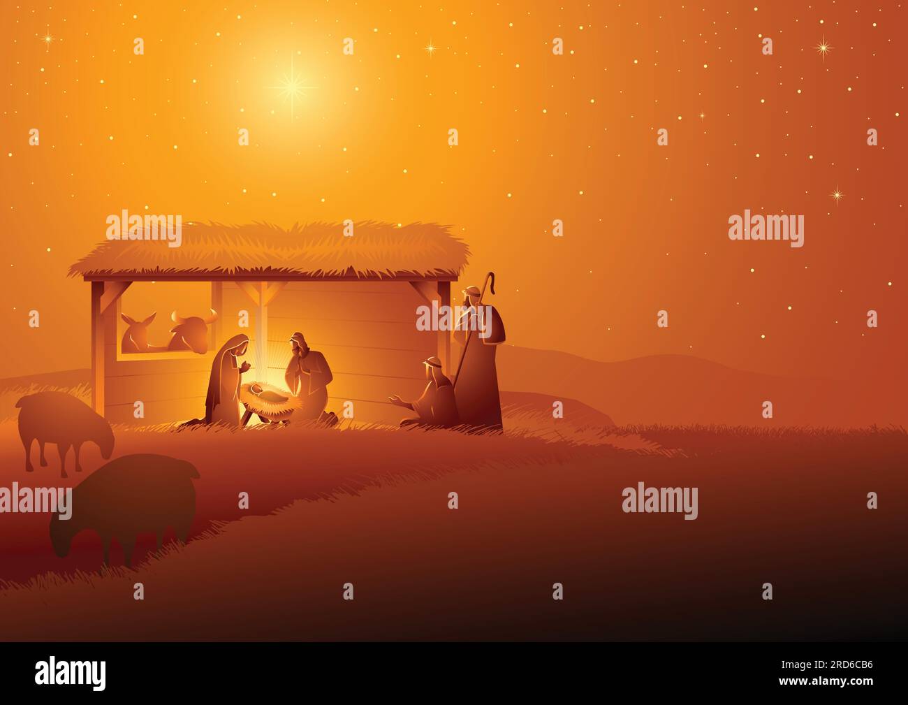 Série d'illustrations vectorielles bibliques, scène de la nativité de la Sainte famille en stable. Thème de Noël Illustration de Vecteur