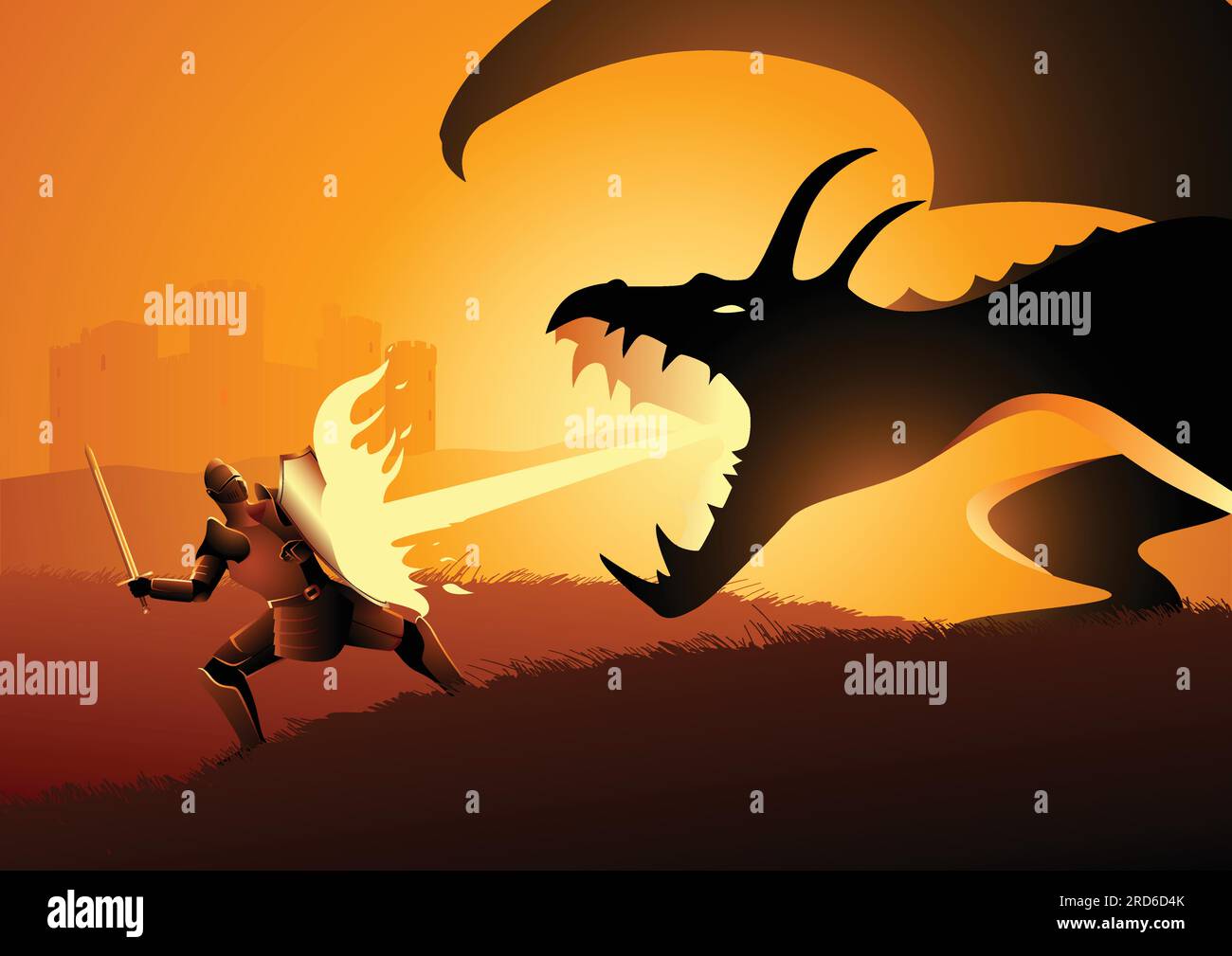 Illustration vectorielle d'un chevalier combattant un dragon. Risque, courage, concept de leadership Illustration de Vecteur