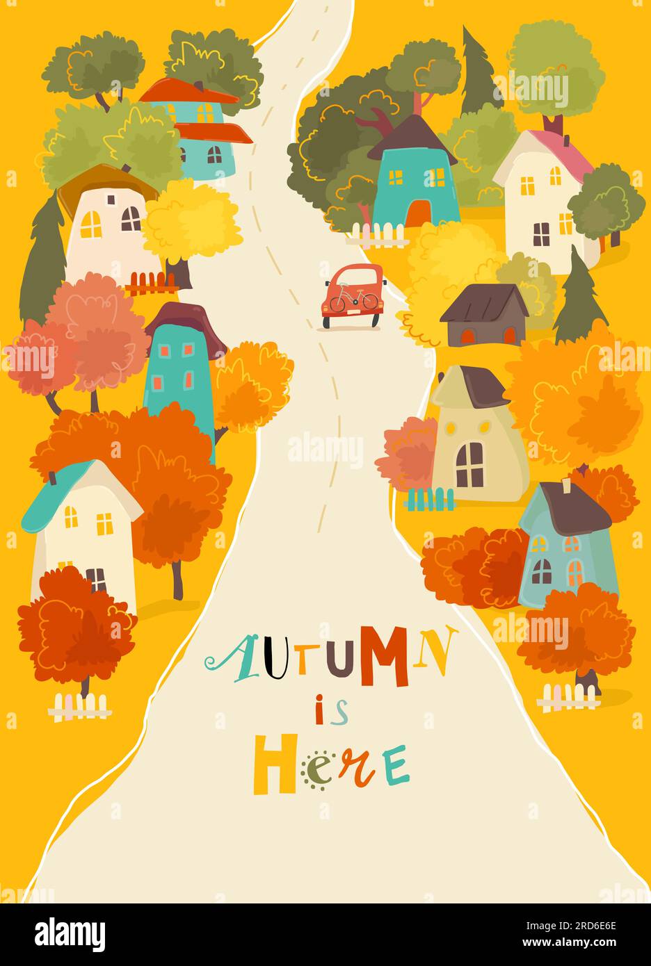 Mignon Cartoon maisons colorées avec des arbres d'automne Illustration de Vecteur