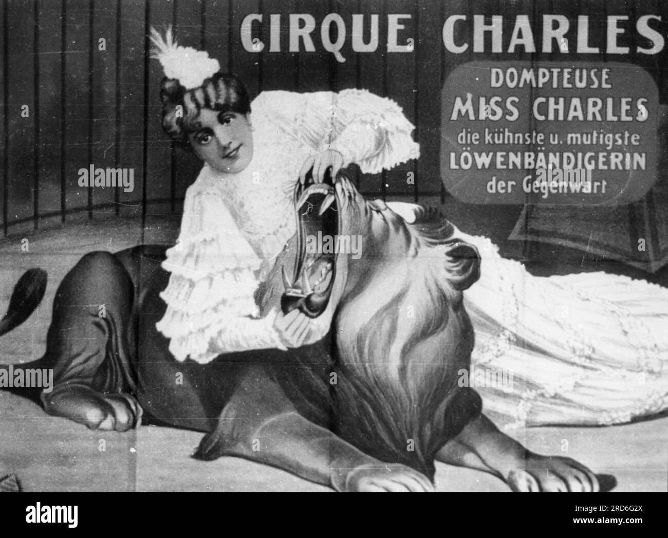 Circus, Cirque Charles, Tamer Ida Krone alias Miss Charles, affiche publicitaire, circa 1910, INFORMATION-AUTORISATION-DROITS-SUPPLÉMENTAIRES-NON-DISPONIBLE Banque D'Images