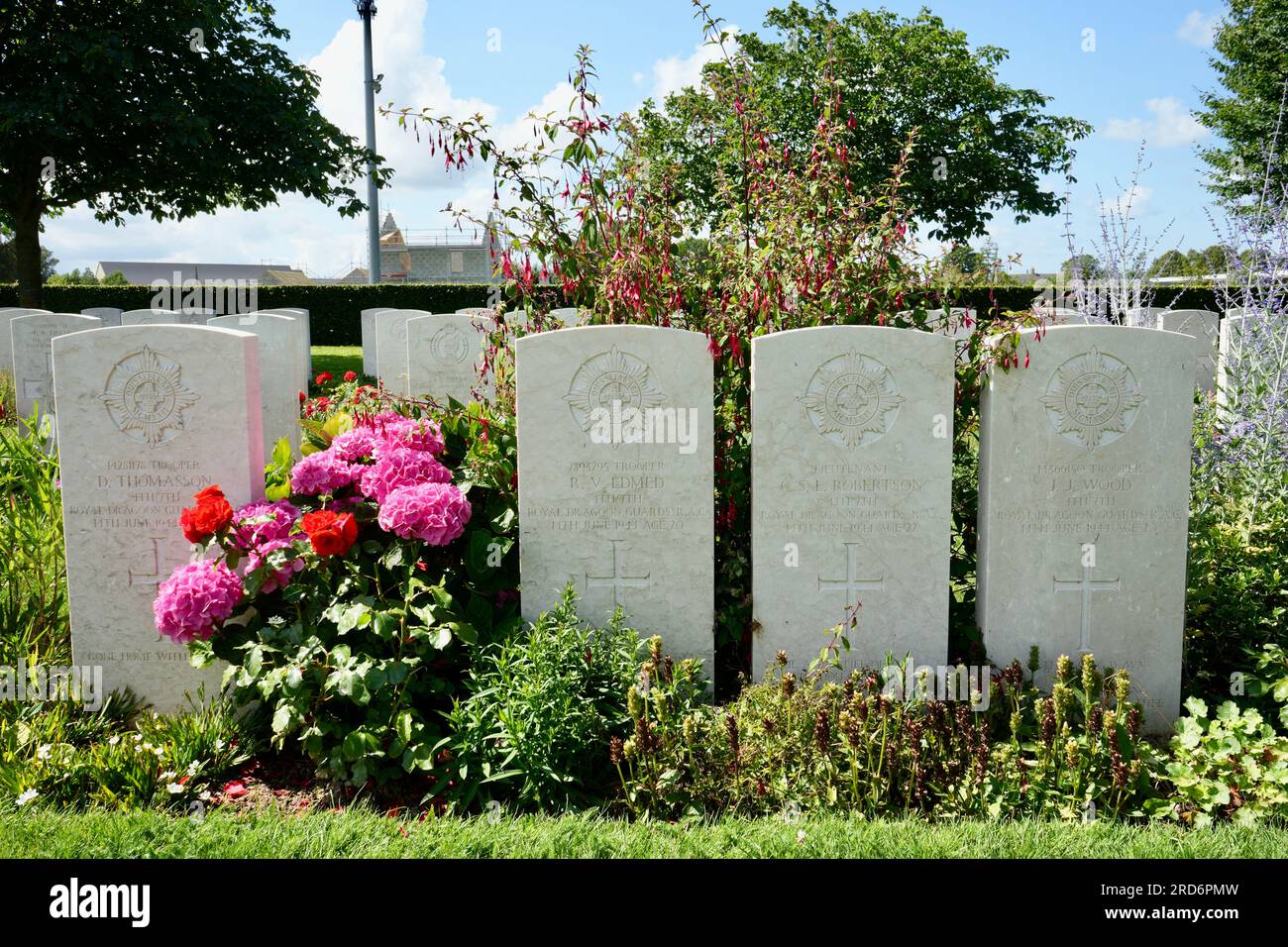 Un groupe de marqueurs de tombe pour les membres des Royal Dragoon Guards au cimetière de guerre de Bayeux. Bayeux, France. Banque D'Images
