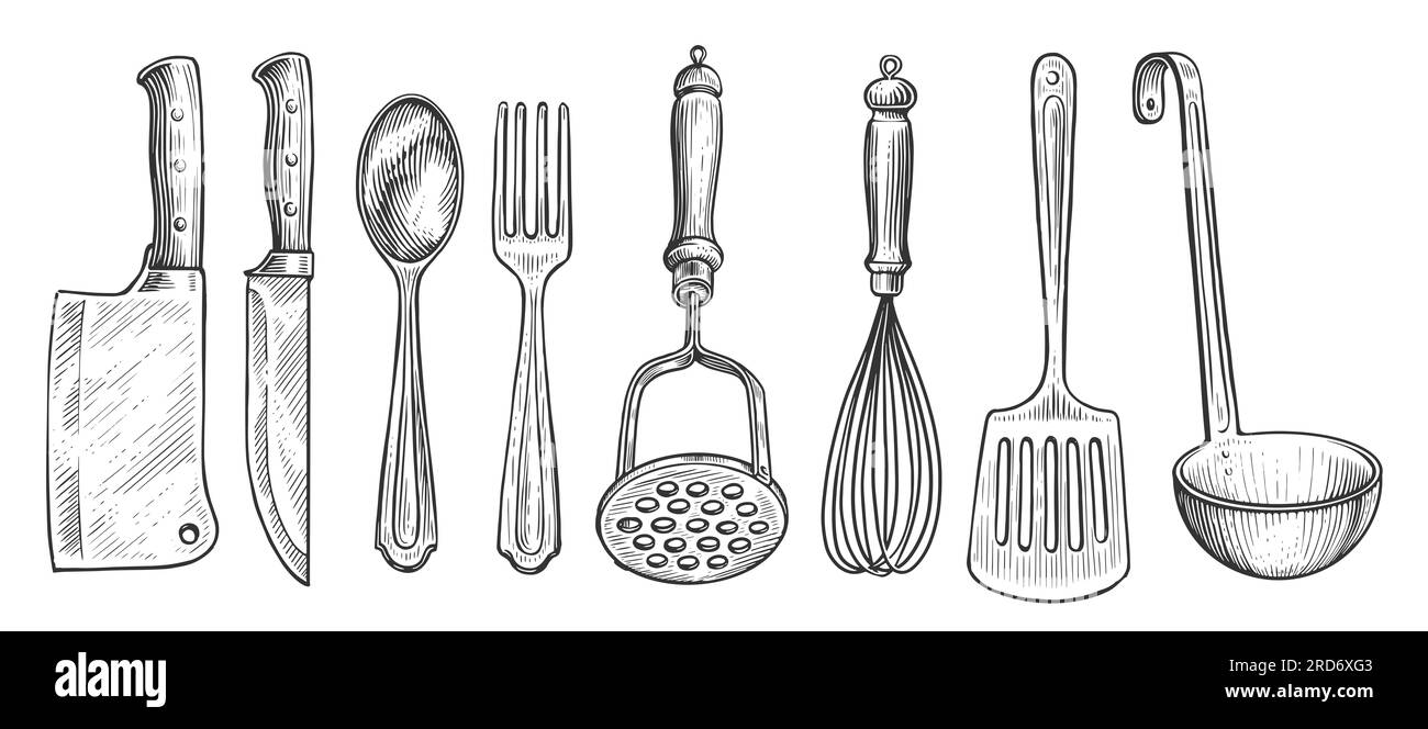 Ensemble d'outils de cuisine. Concept de cuisine. Esquissez une illustration vintage pour le menu du restaurant ou du dîner Banque D'Images