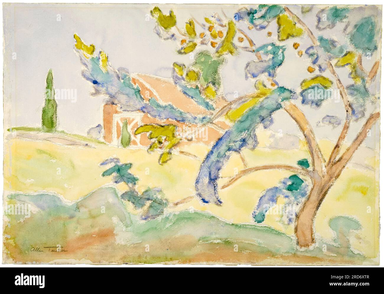 Allen Tucker, Tree and Barn, peinture de paysage à l'aquarelle, avant 1939 Banque D'Images