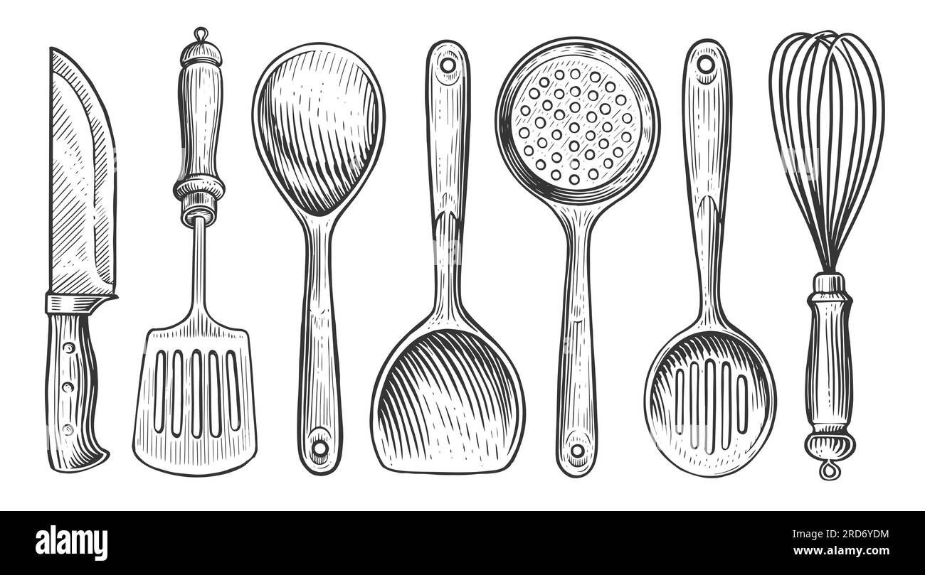Concept de cuisine. Ensemble d'outils de cuisine, style de gravure ancien. Esquissez une illustration vintage pour le menu du restaurant ou du dîner Banque D'Images