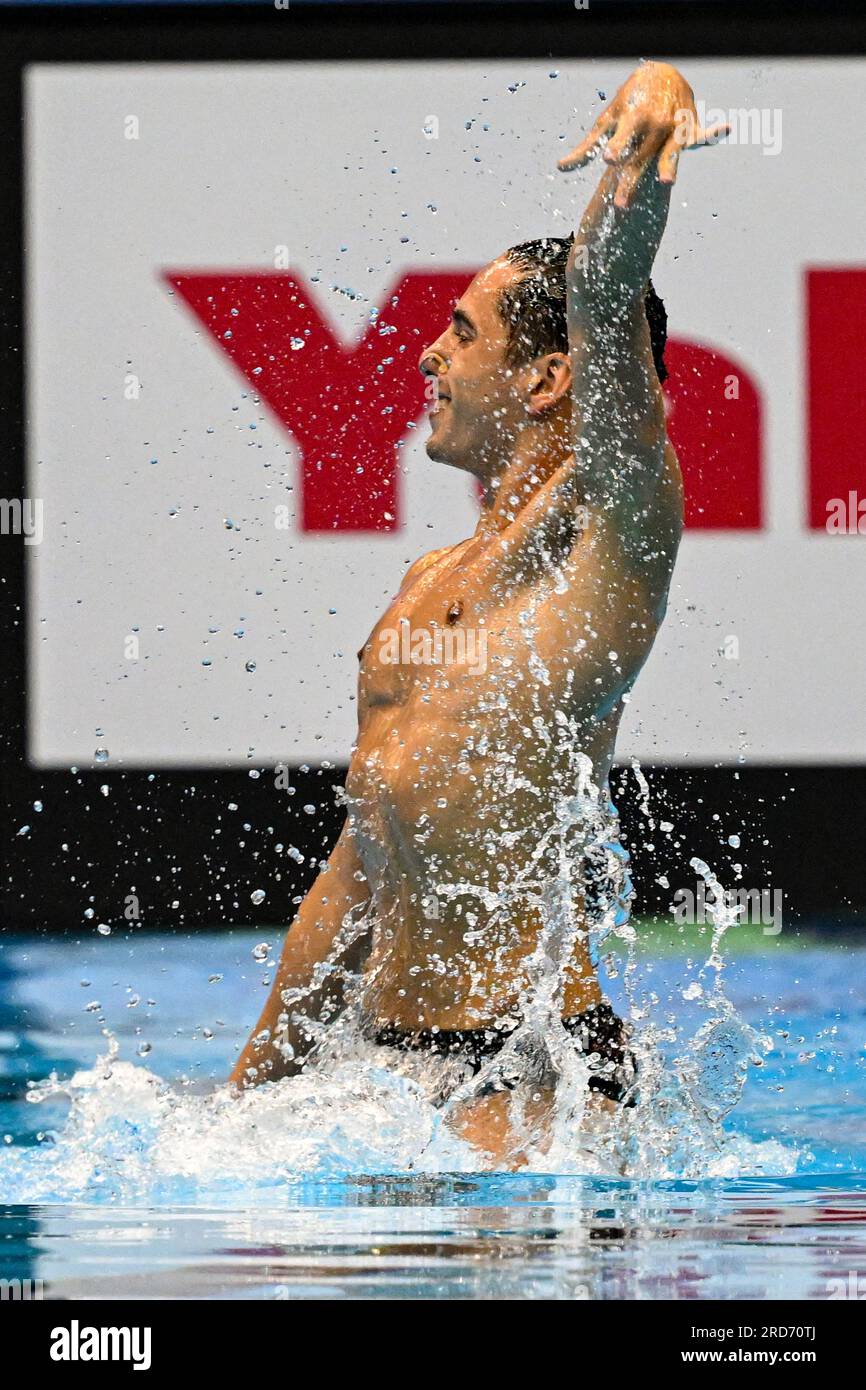 Fukuoka, Japon. 19 juillet 2023. Dennis Gonzales Boneu d'Espagne participe à la finale Solo Free Men lors des 20e Championnats du monde de natation au Marine Messe Hall A à Fukuoka (Japon), le 19 juillet 2023. Crédit : Insidefoto di andrea staccioli/Alamy Live News Banque D'Images