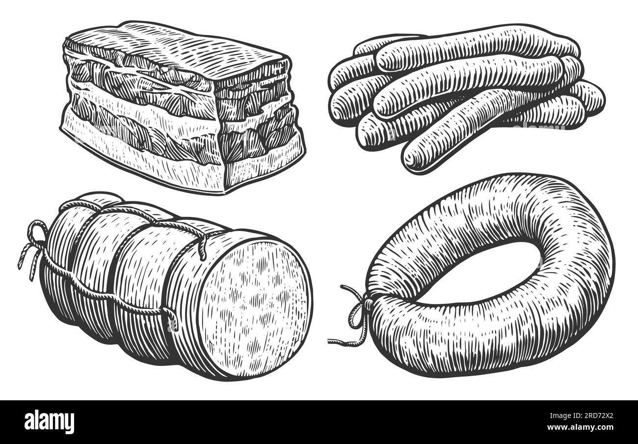Saucisse, salami de cuisine, charcuterie barbecue, saindoux. Ensemble de produits à base de viande. Style de gravure d'illustration d'esquisse Banque D'Images
