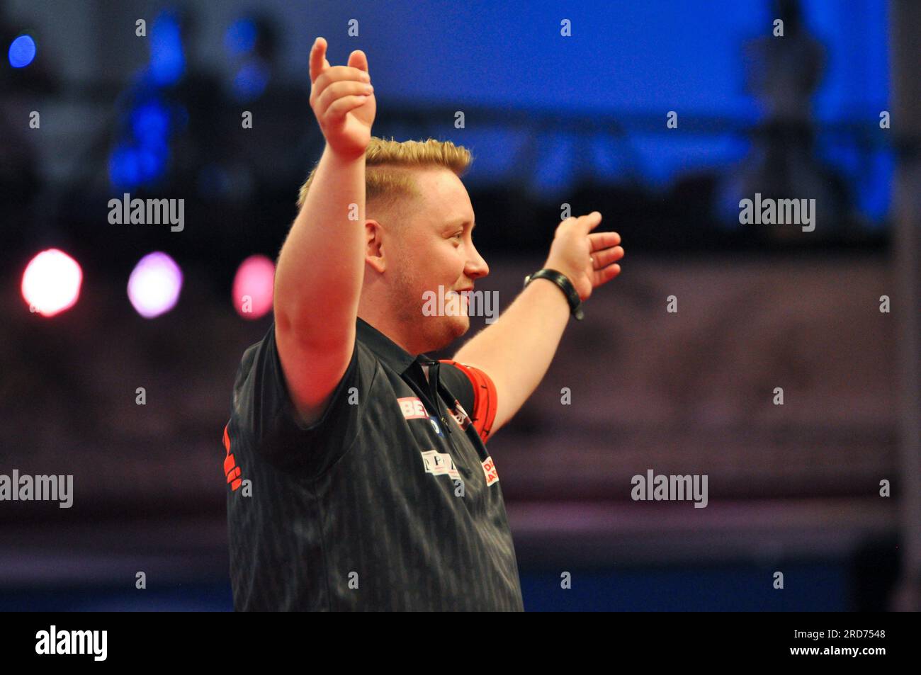 Blackpool, Royaume-Uni. 16 juillet 2023. BLACKPOOL, ROYAUME-UNI - 16 JUILLET : Martin Schindler d'Allemagne pendant le jour 2 de la rencontre Betfred World Matchplay 2023 au Winter Gardens le 16 juillet 2023 à Blackpool, Royaume-Uni (photo de Pieter Verbeek/Orange Pictures) crédit : Orange pics BV/Alamy Live News Banque D'Images