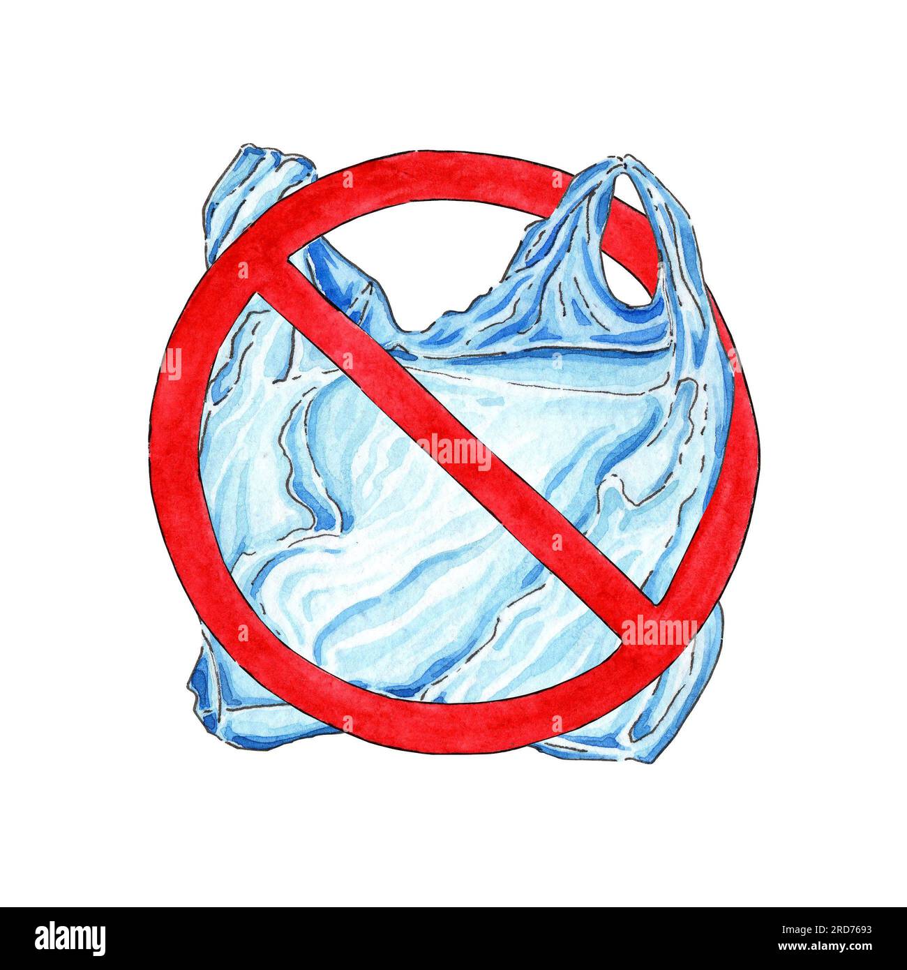 Illustration aquarelle dit pas d'affiche avec sac en plastique. Signe d'interdiction de cellophane jetable et sac plastique. Concept de problème de pollution. Le pac Banque D'Images