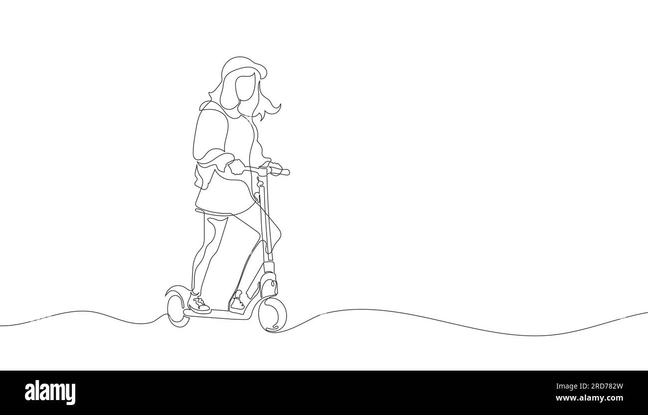 Fille sur un scooter électrique d'une ligne. Trottinette à tracé continu Illustration de Vecteur