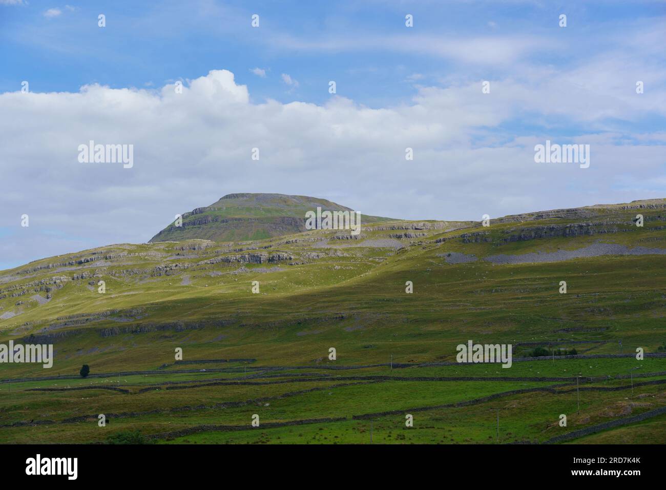 Vue de la montagne Ingleborough depuis Beezley Farm, avec la lumière du soleil illuminant le sommet, Ingleton, North Yorkshire, Angleterre, Royaume-Uni. Banque D'Images