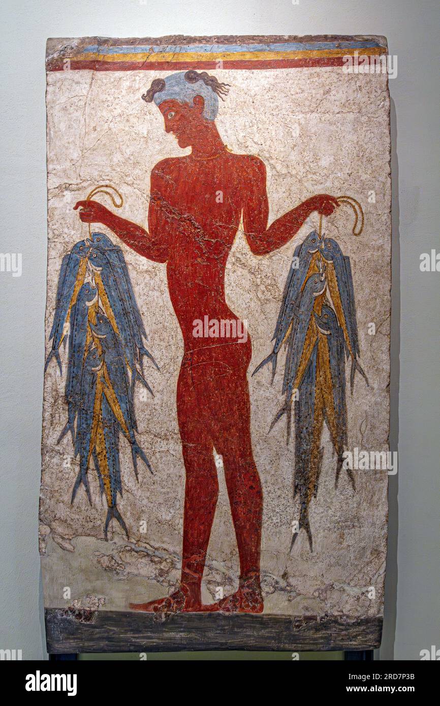 Le pêcheur Fresco de l'ancienne Akrotiri sur l'île égéenne de Santorin (Thera), en Grèce. C'est un jeune homme offrant du poisson lors d'une cérémonie religieuse Banque D'Images