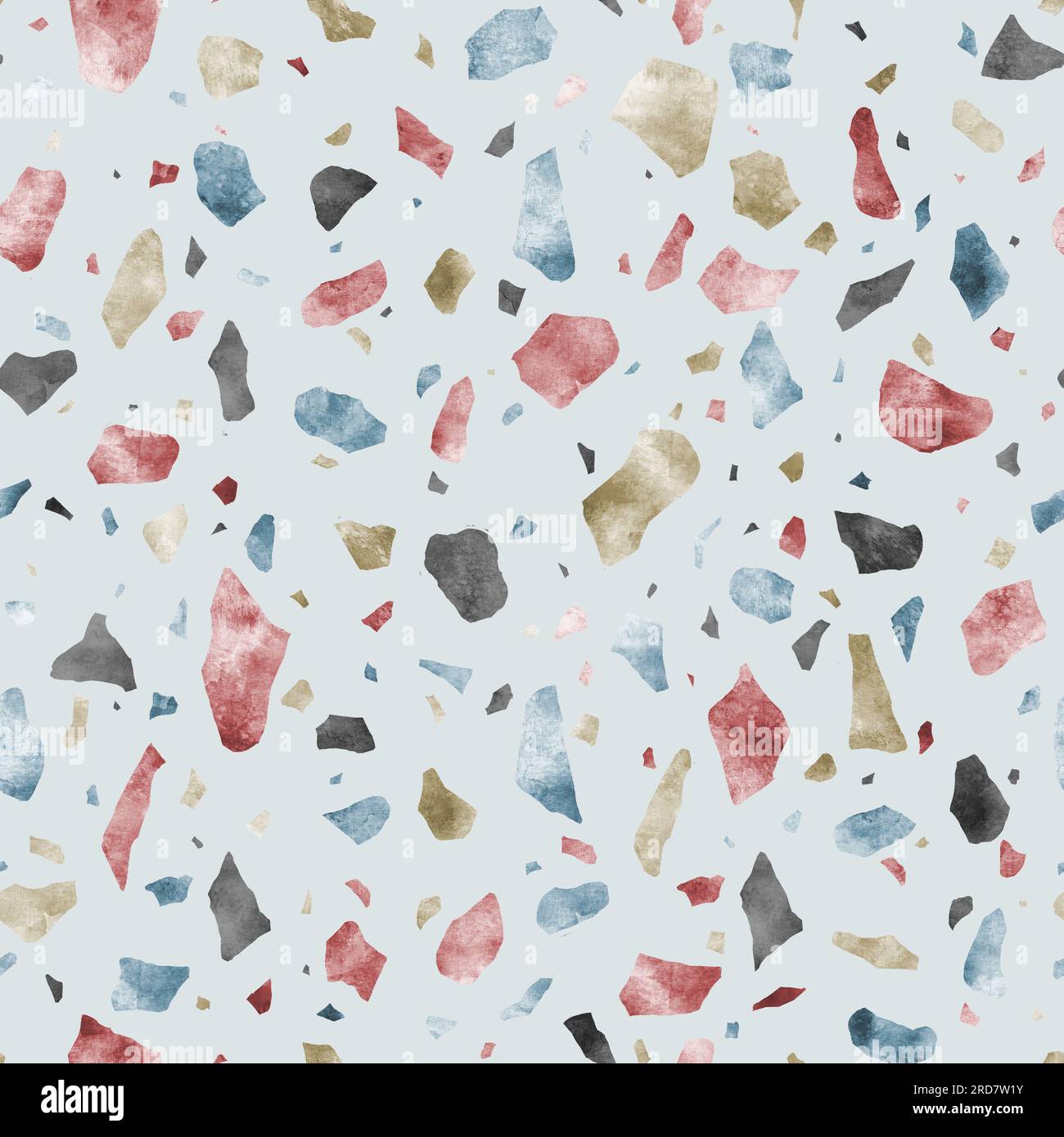 Motif sans couture italien abstrait terrazzo. Pierres multicolores dispersées texture décorative à l'aquarelle dessinée à la main. Vitrail cassé, forme colorée Banque D'Images