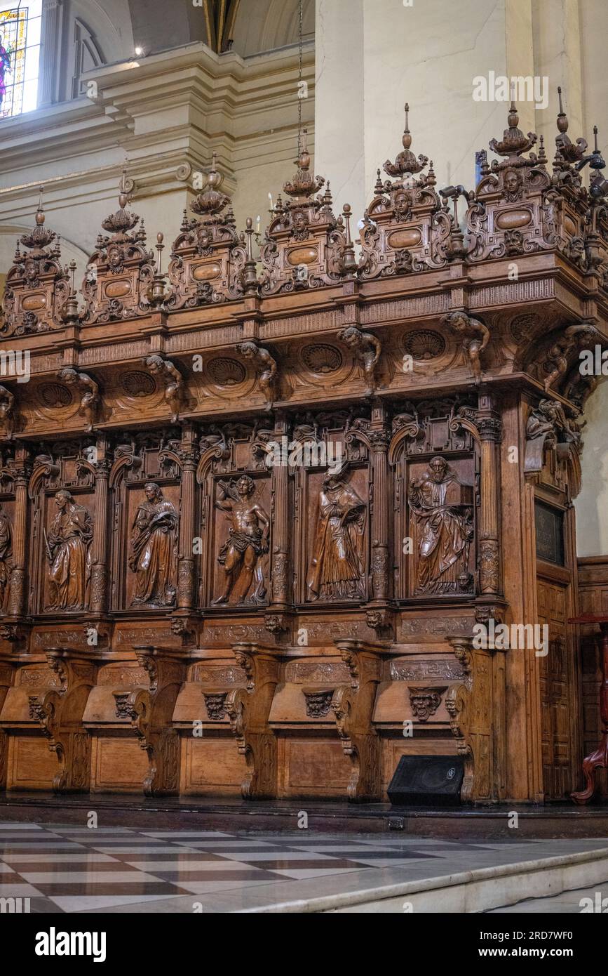 Stalles de chœur du 17e siècle, cathédrale de Lim a, Pérou Banque D'Images